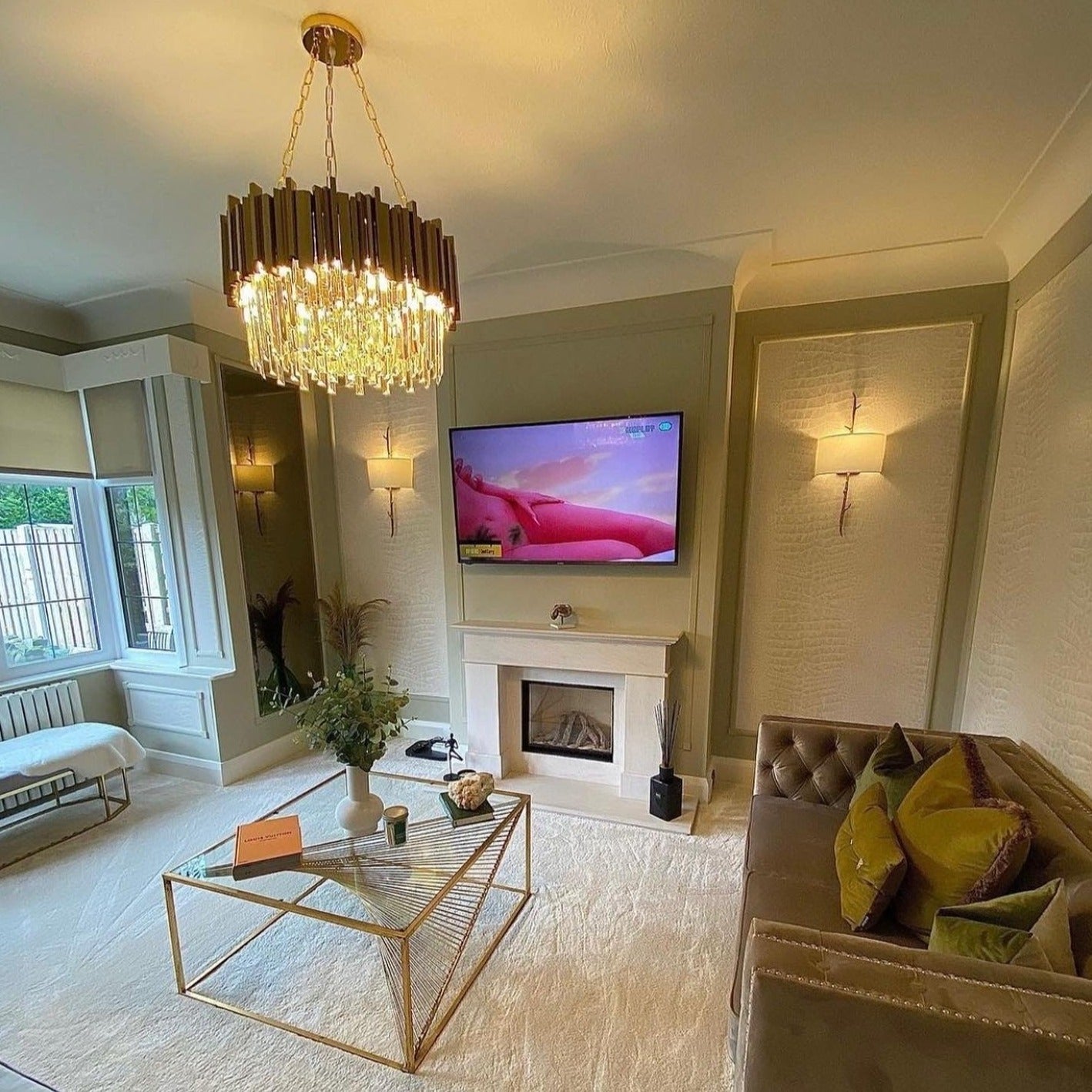 VORELLI® Boeotia Circular Chandelier installed in luxury living room with crystal glass and brass finish