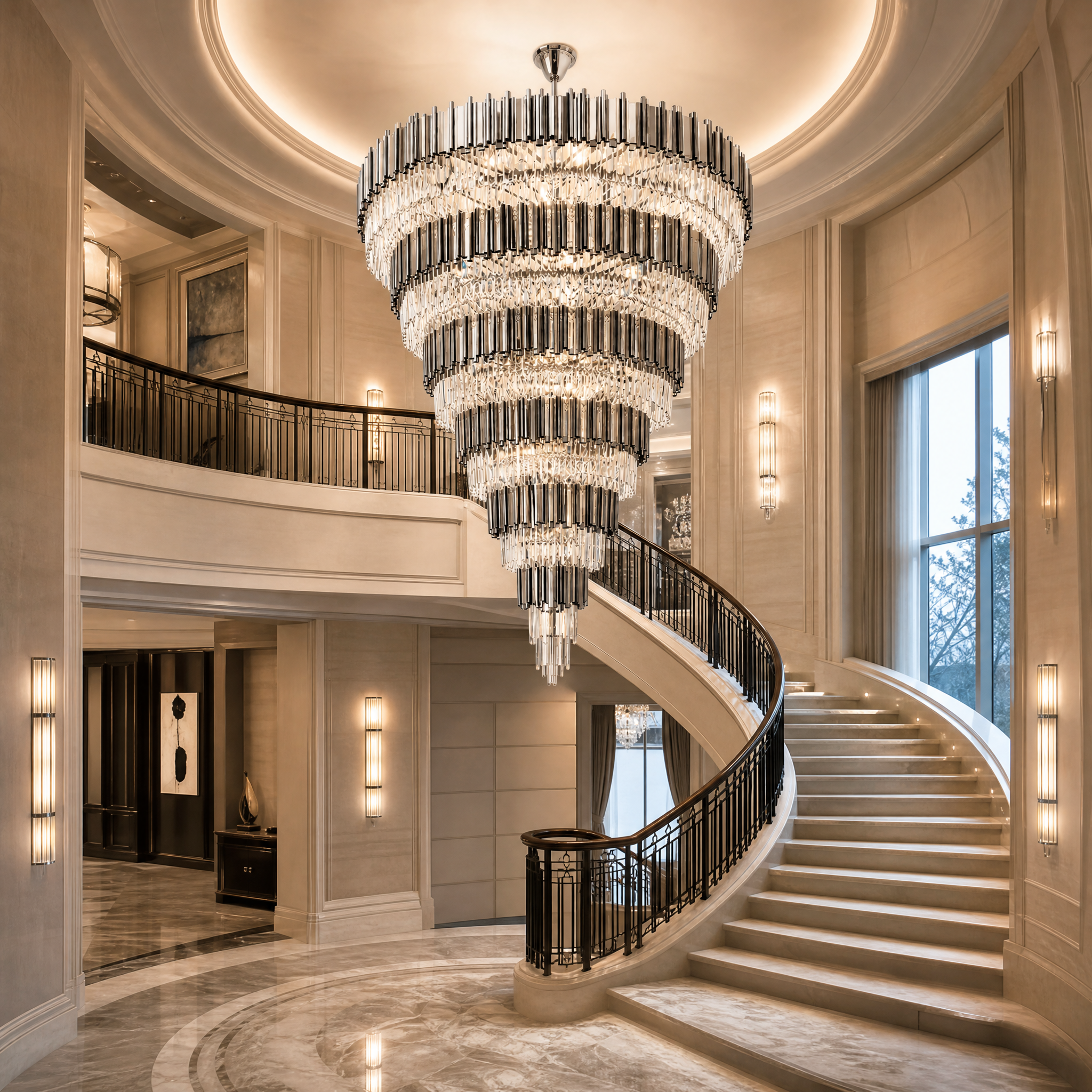 A dramatic hospitality installation of the Boeotia Grandeur Staircase Chandelier illuminating a high-ceiling hotel lobby, emphasizing its modern cuboid tubing and grand scale.