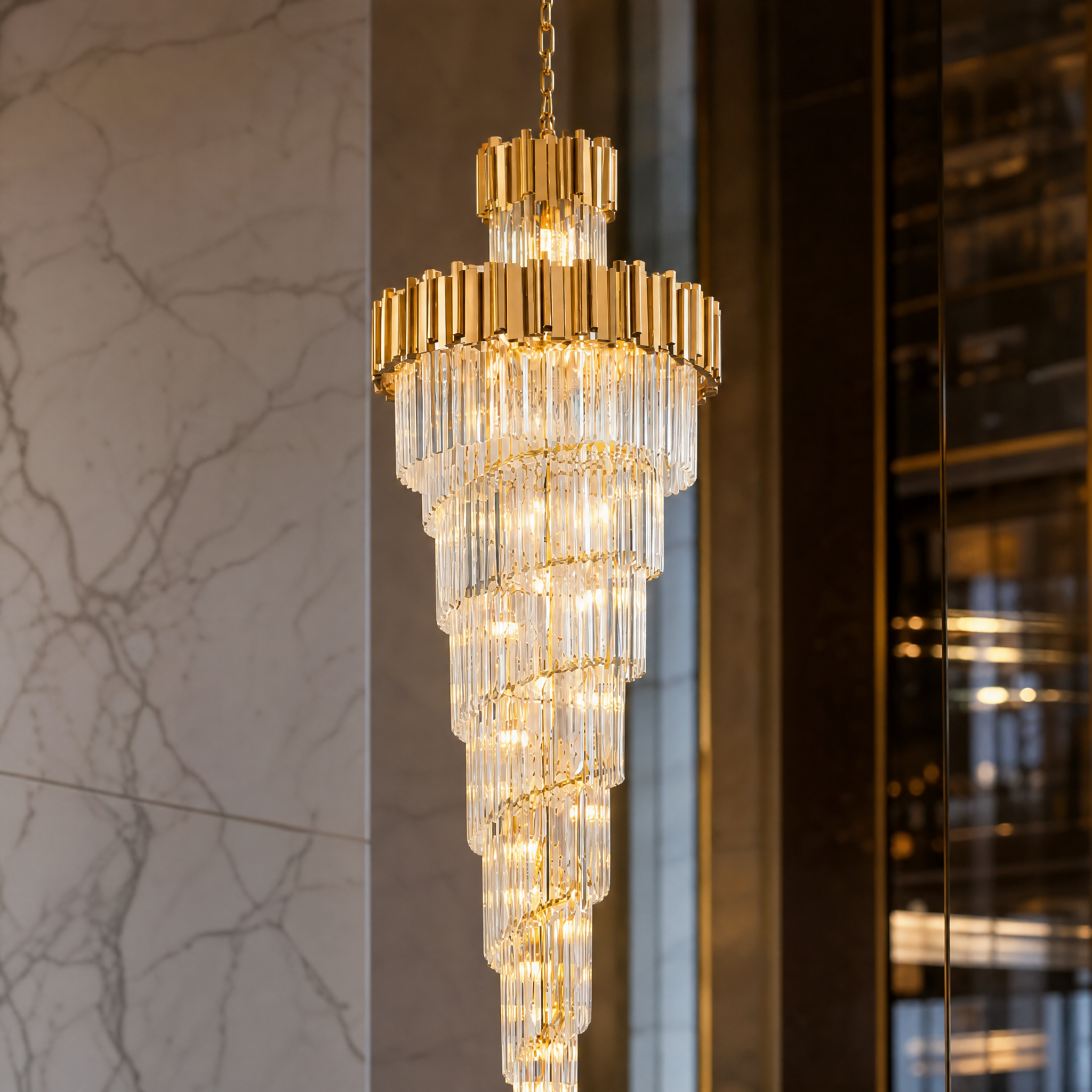 Macro closeup of the VORELLI Boeotia Spiral Staircase Chandelier II showing the exquisite crystal bars and differentiated cuboid tubing craftsmanship.