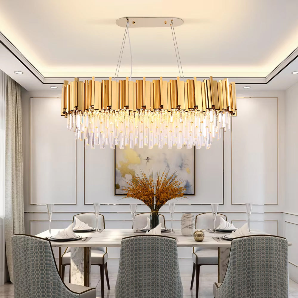 VORELLI® Boeotia rectangular chandelier with cascading diamond cut crystal in a luxury dining room interior