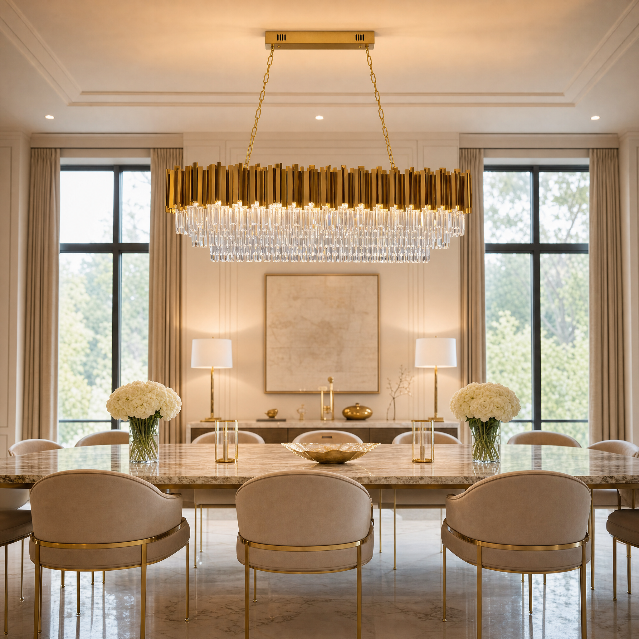VORELLI Boeotia rectangular crystal chandelier illuminating a luxury contemporary residential dining room setting.