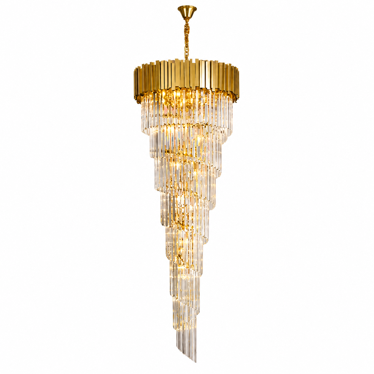 VORELLI® Boeotia spiral staircase chandelier with cascading crystal rods for luxury stairwells, high ceilings and hospitality interiors