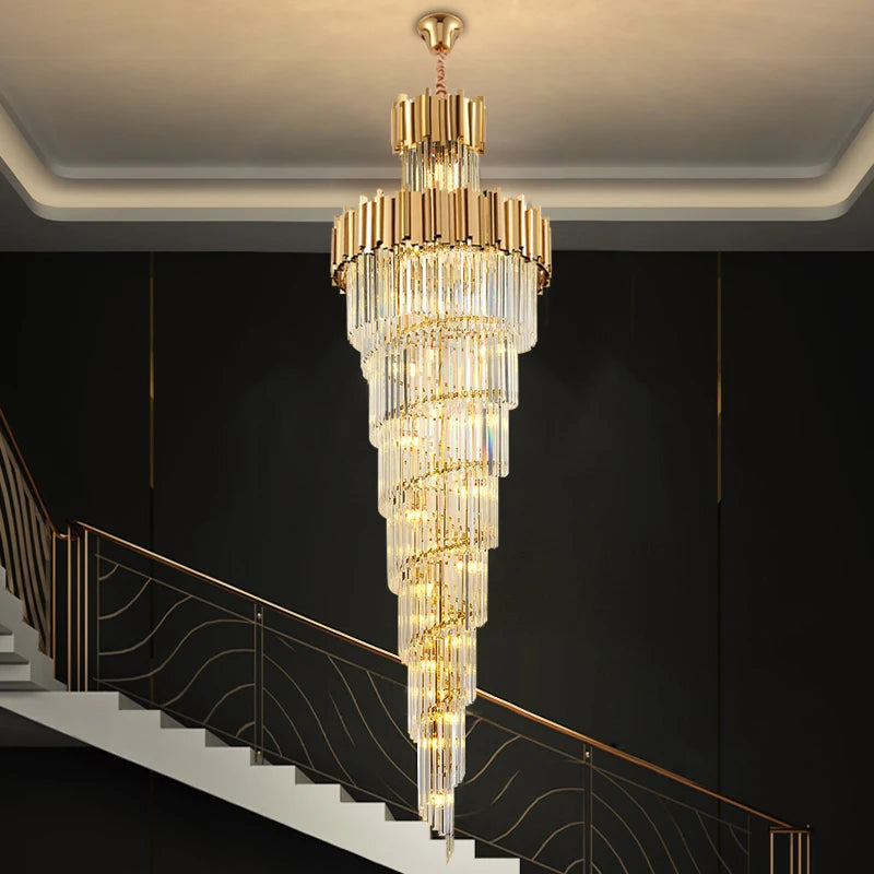 Boeotia Spiral Staircase Chandelier II suspended above a modern staircase, showcasing its two-tier cuboid tubing and crystal bar design.
