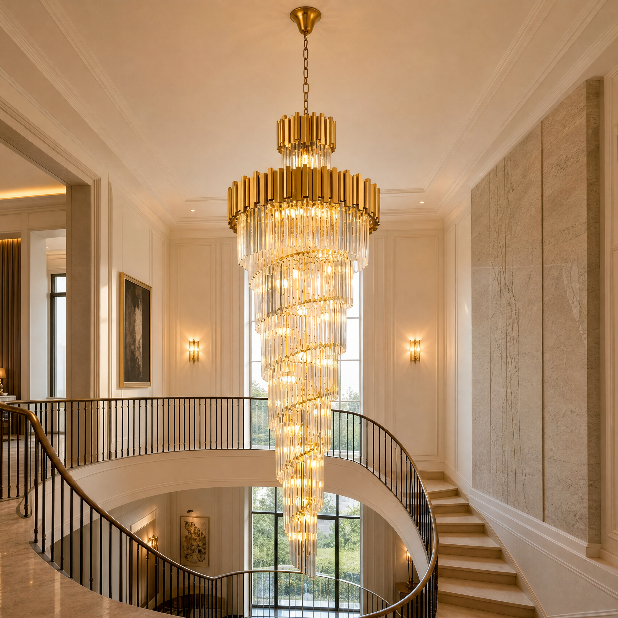 VORELLI Boeotia Spiral Staircase Chandelier II illuminating a luxury grand residential foyer and spiral staircase with sophisticated contemporary elegance.