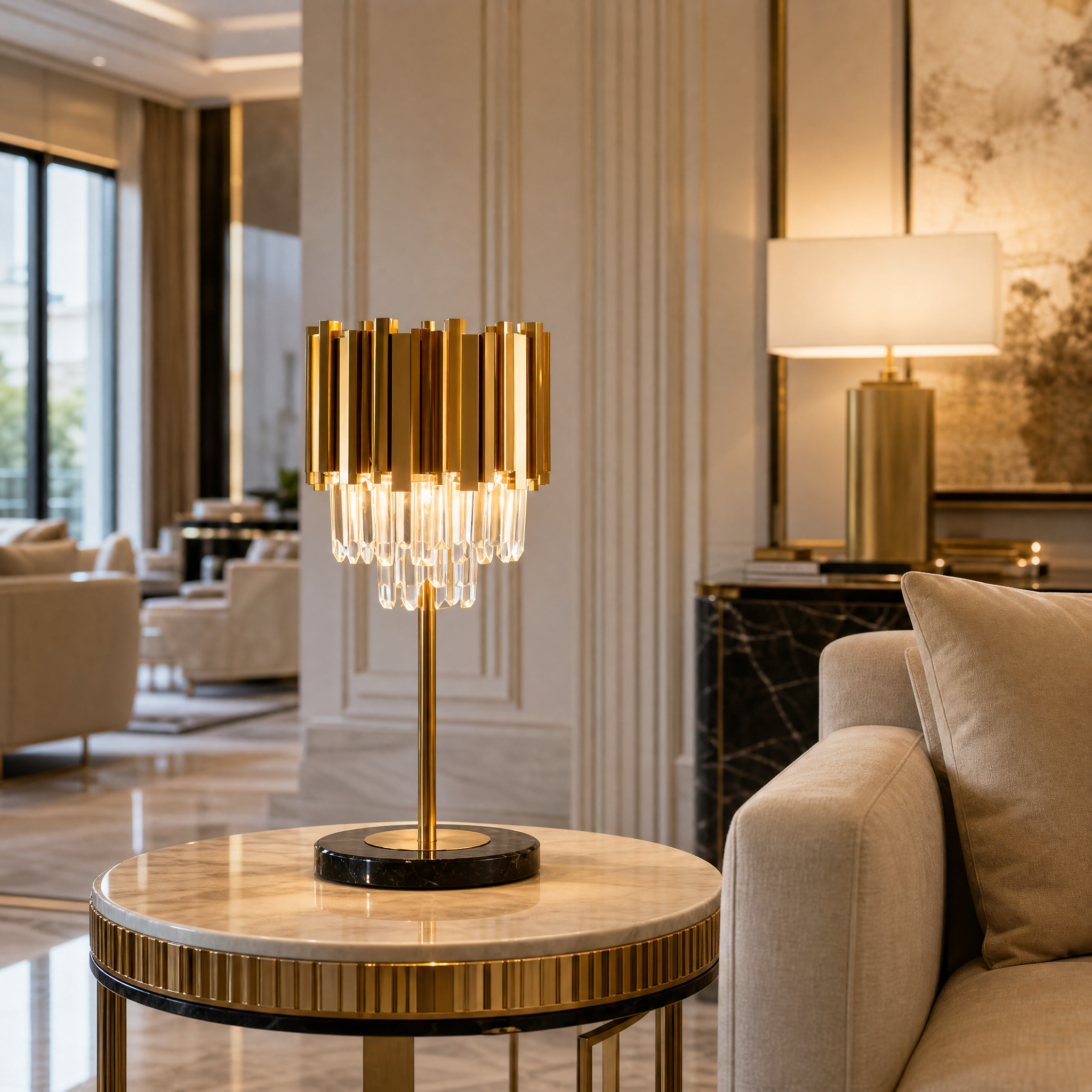 Vorelli Boeotia contemporary table lamp featuring sleek cuboid tubing and shimmering crystal bars in a luxury residential living room setting.