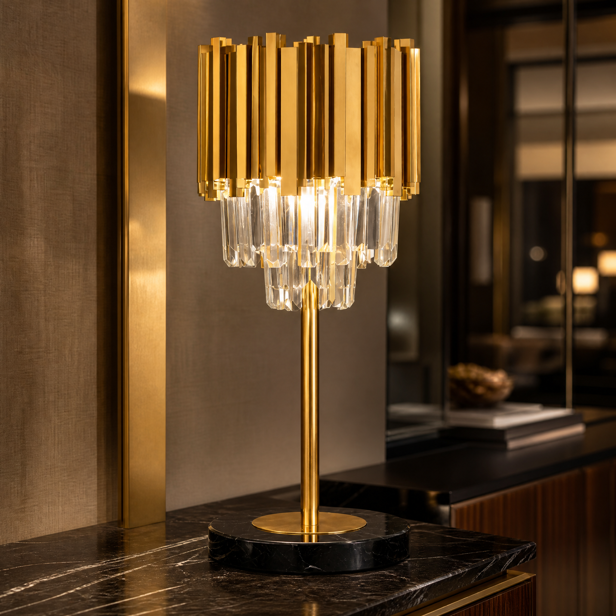 Macro close-up shot highlighting the exquisite detail of the shimmering crystal bars and premium cuboid tubing on the Vorelli Boeotia table lamp.