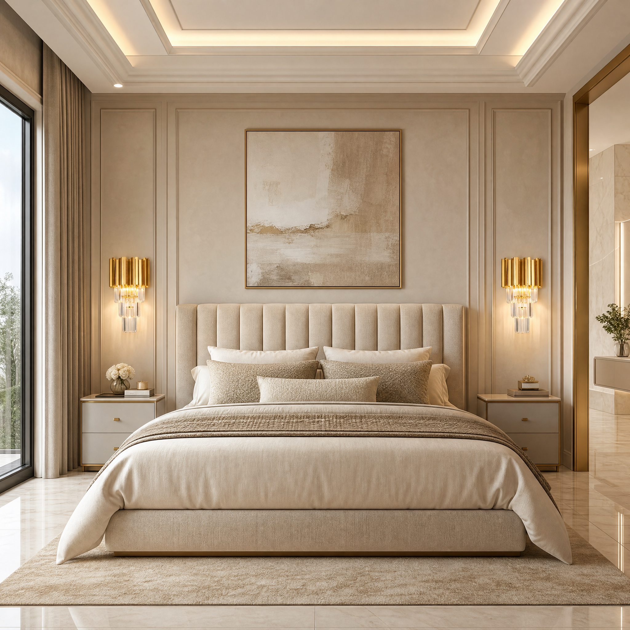 VORELLI Boeotia wall light installed in a contemporary living room, showcasing its sleek cuboid design and shimmering crystal glass bars.