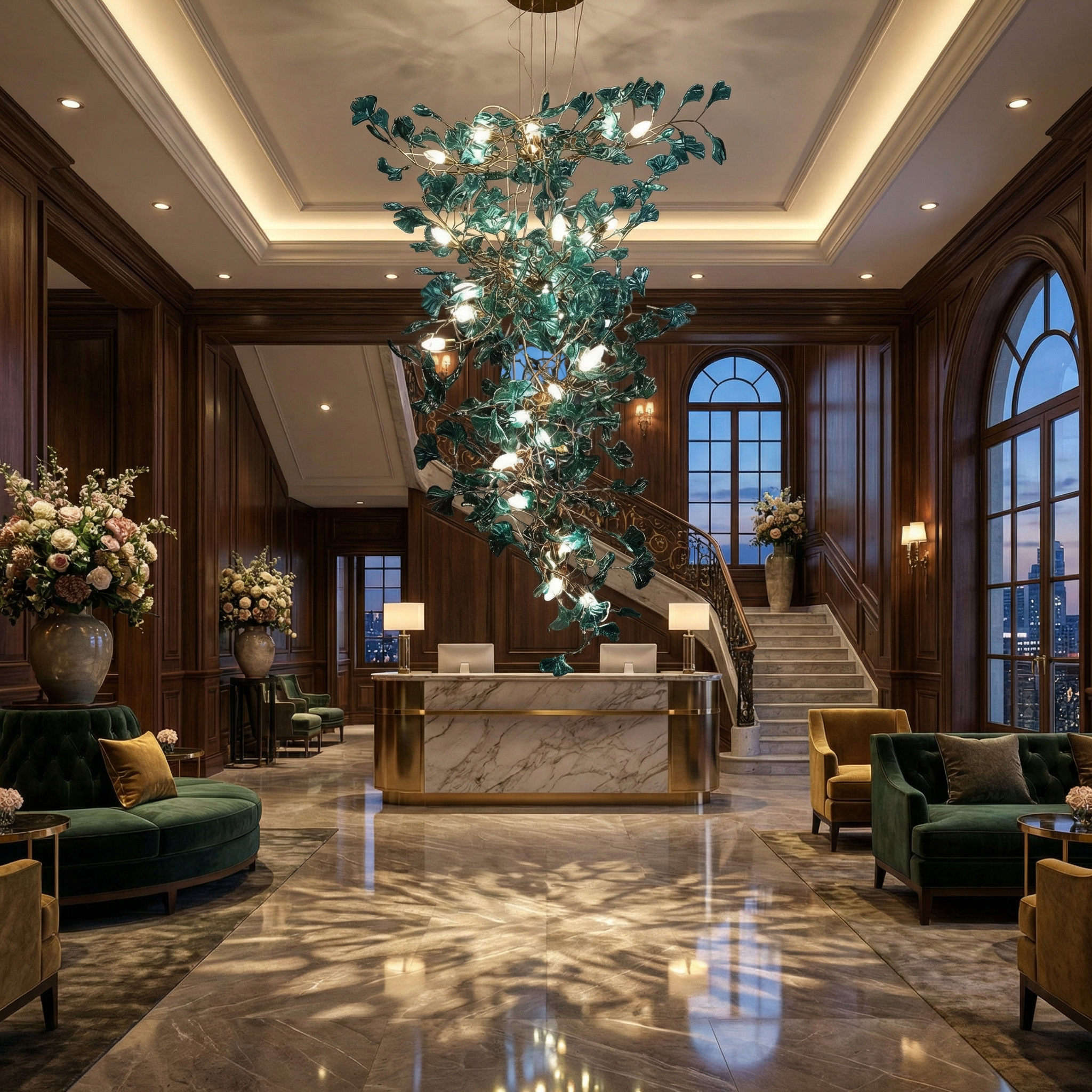 Tall cascading botanical pendant chandelier designed for stairwells, atriums, and double-height luxury spaces