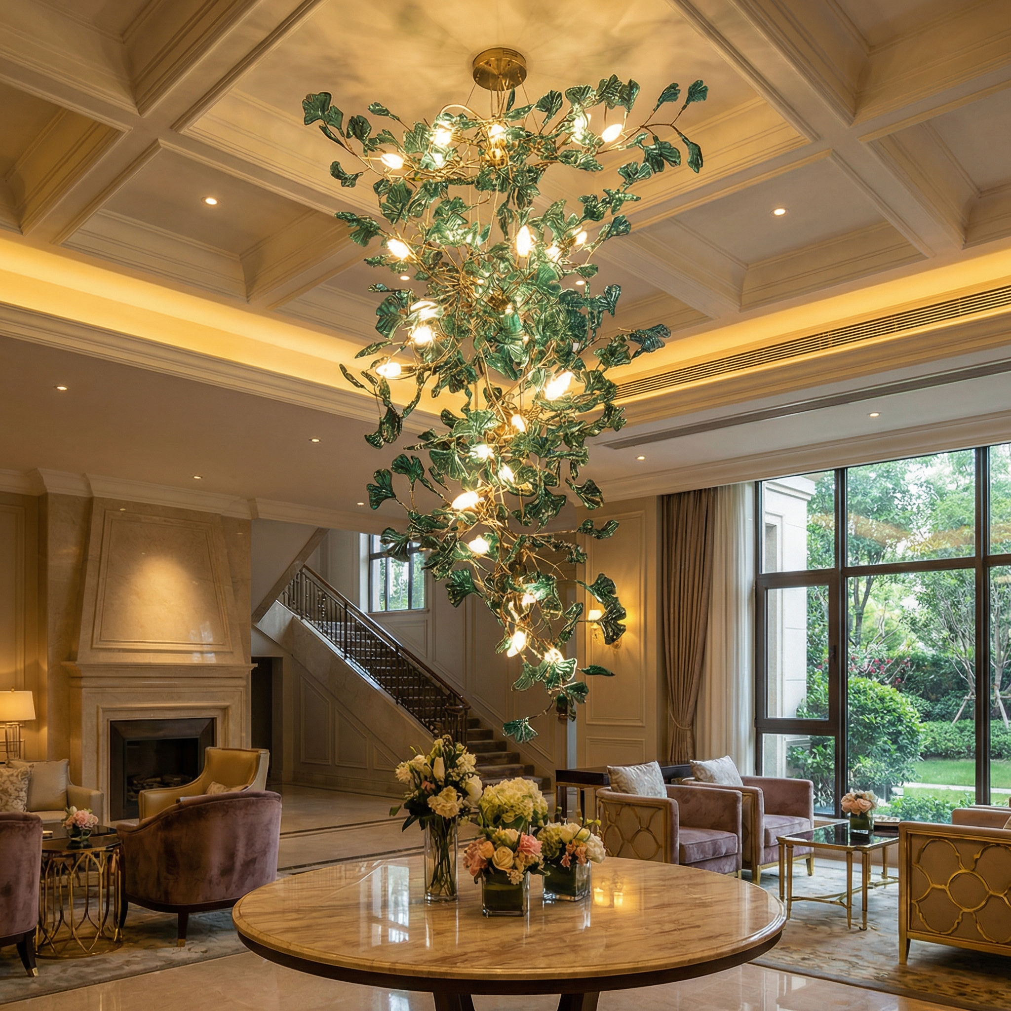 VORELLI luxury staircase chandelier with cascading green glass leaves in a grand residential interior