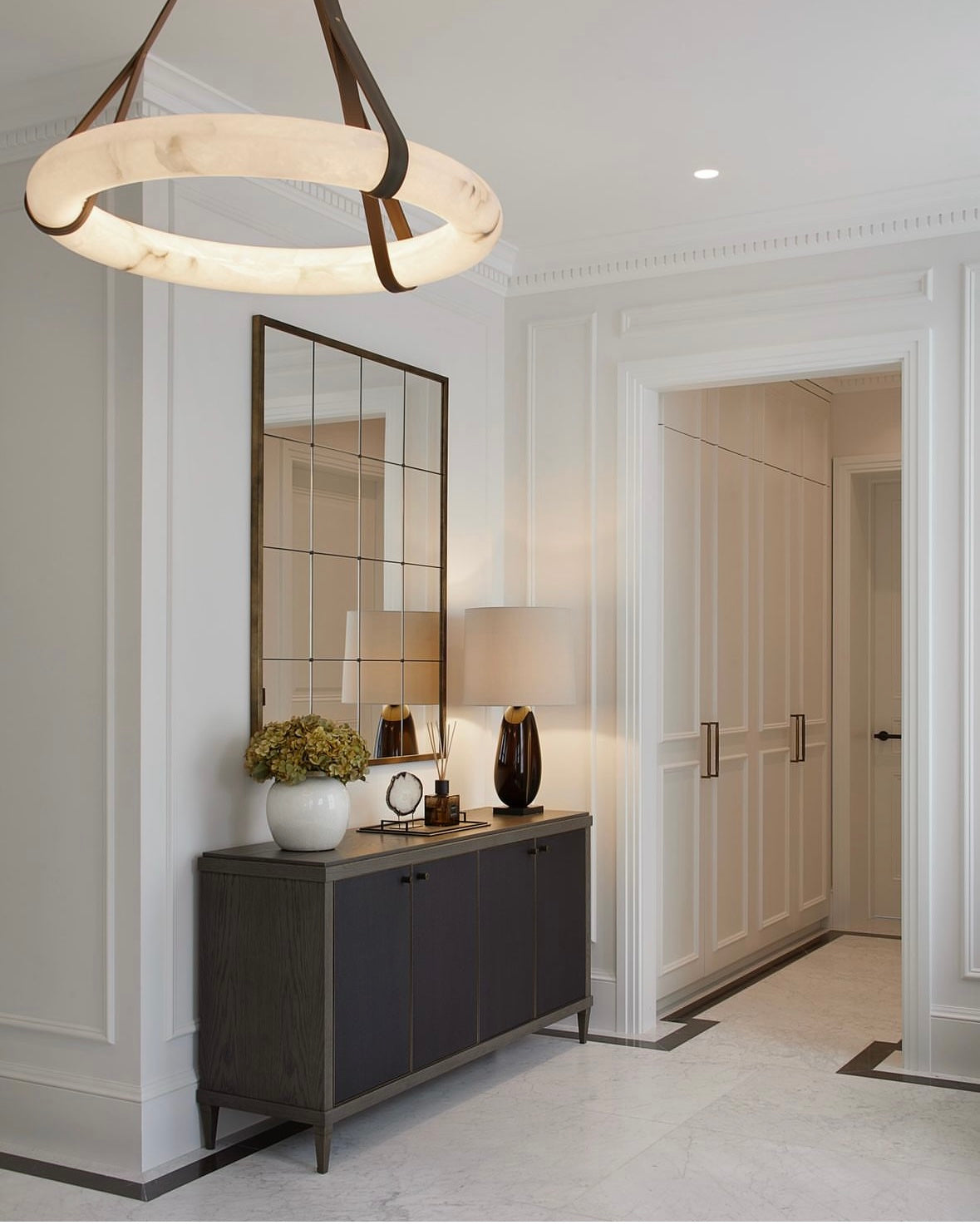 Botticino Marble Circular Chandelier displayed in a luxury hallway interior with illuminated marble ring.