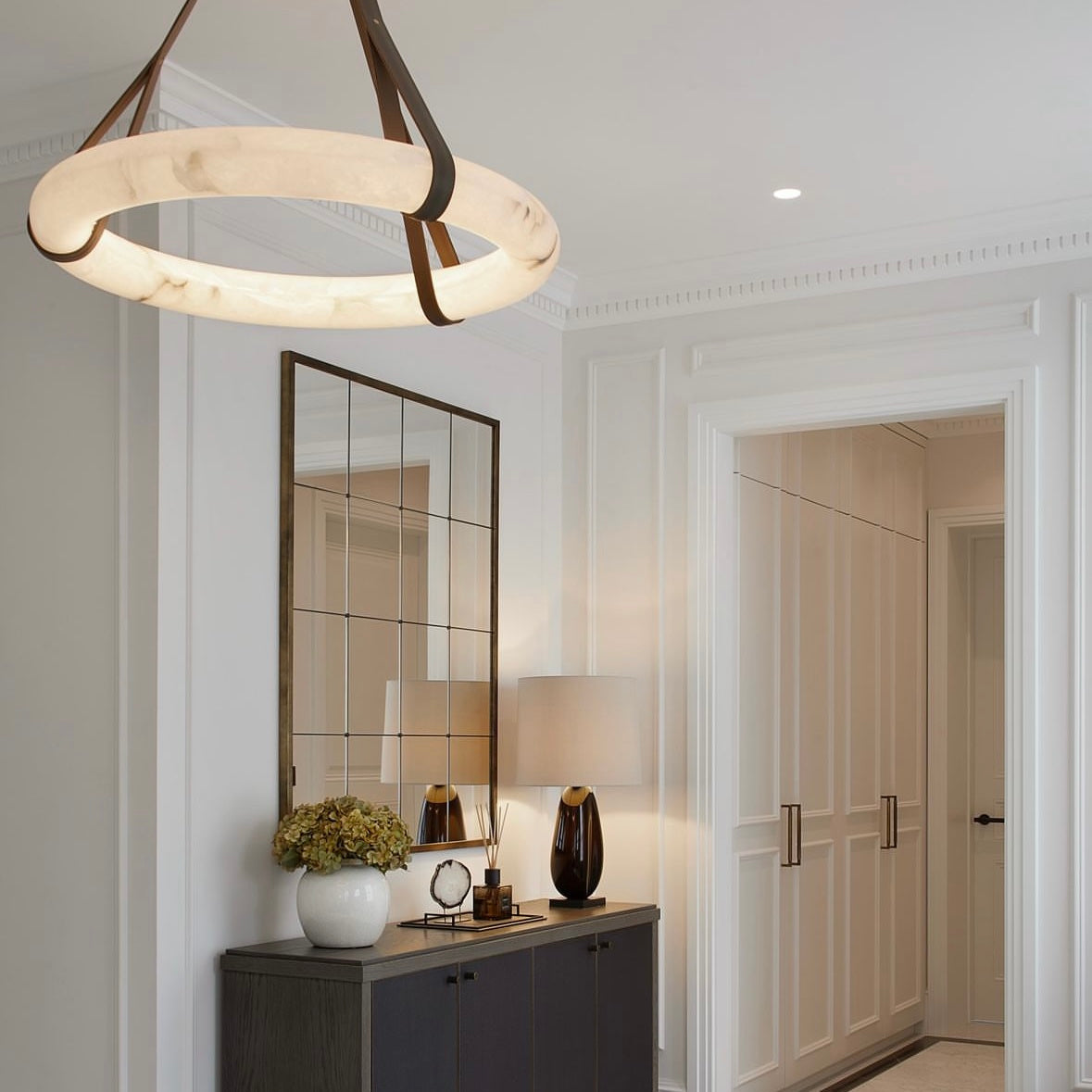 Botticino Marble Circular Chandelier displayed in a luxury hallway interior with illuminated marble ring.