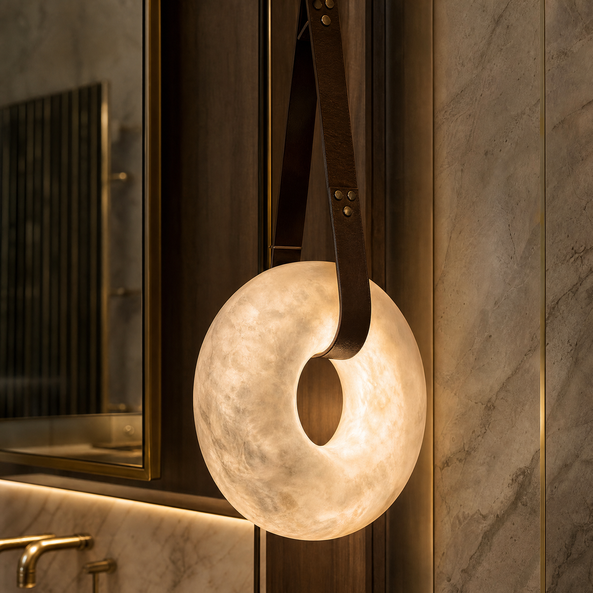 Macro closeup of the VORELLI Botticino Marble Pendant Light highlighting the natural veining of refined marble and fine leather stitching.