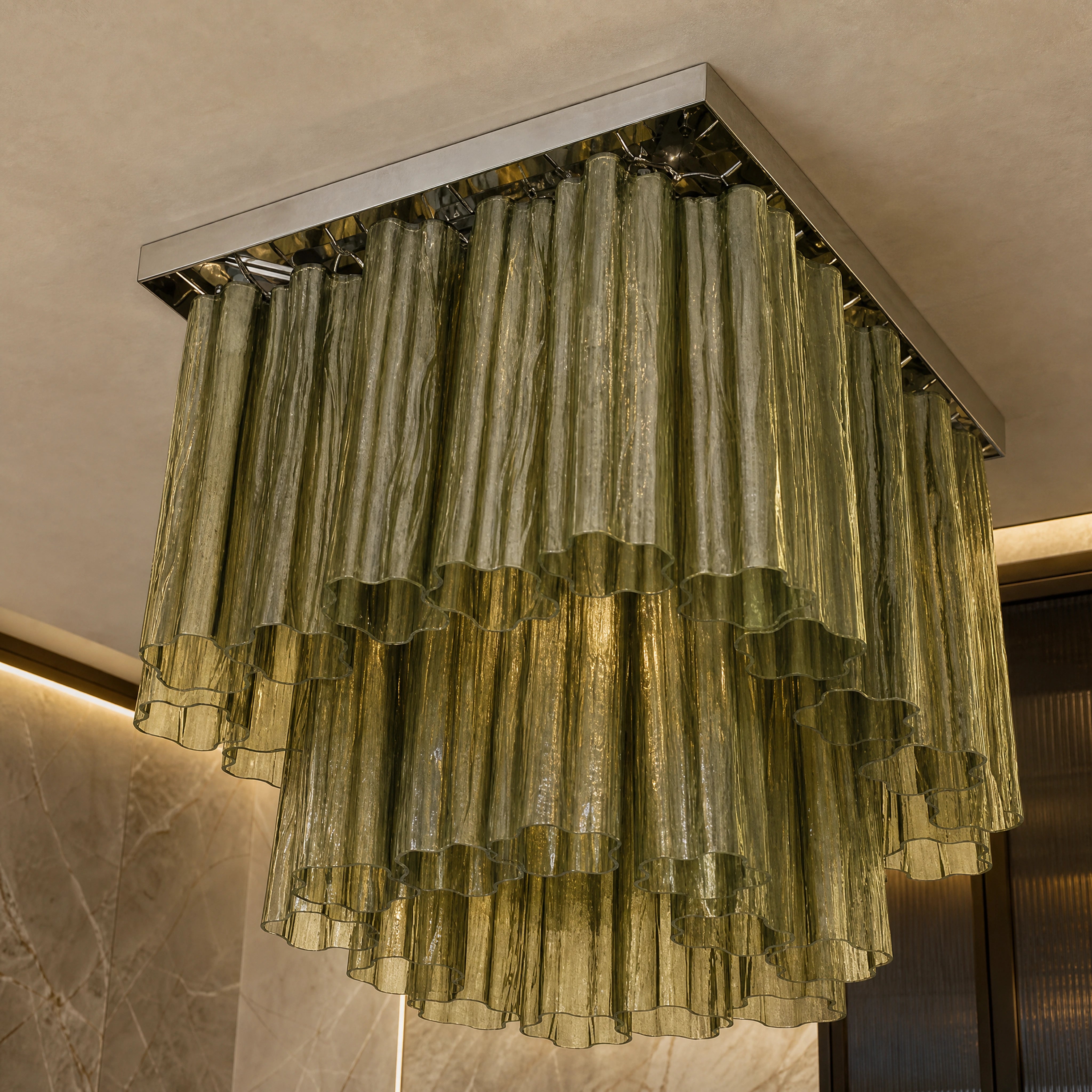 Briella Tronchi Murano Glass Ceiling Light close-up luxury lifestyle hero image by VORELLI
