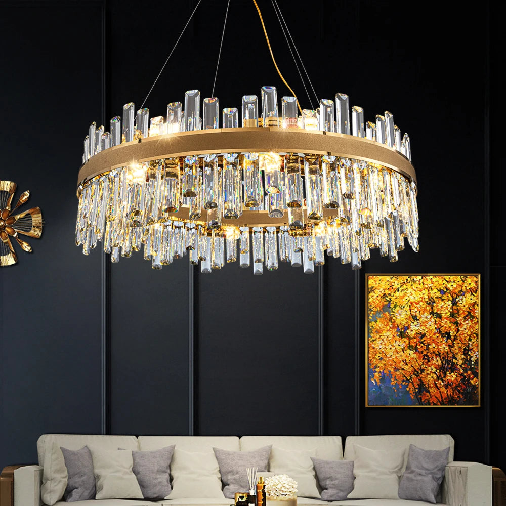 Brighouse Circular Chandelier with rounded rectangle diamond-cut crystals in a luxury living room.