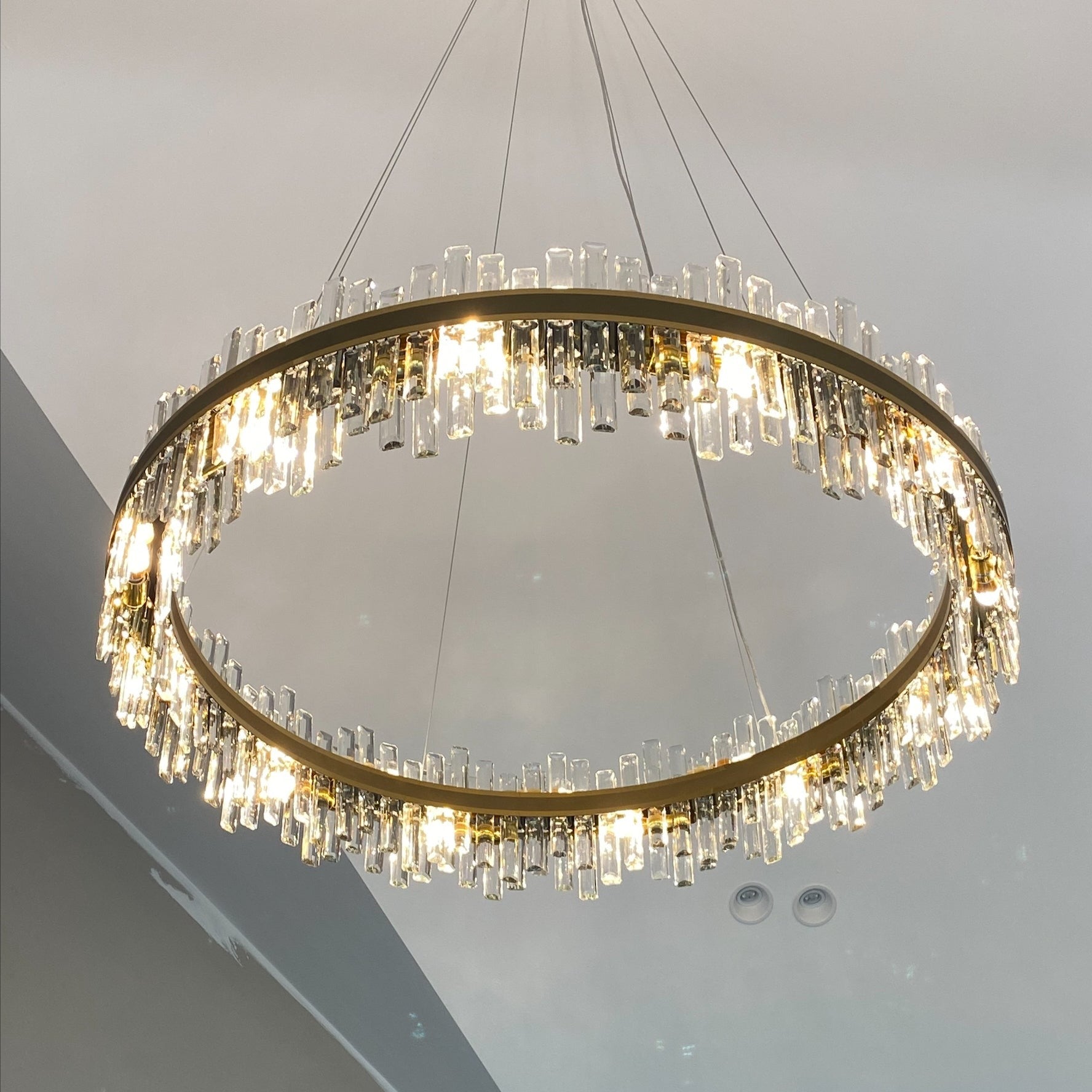 Top view of the Brighouse Circular Chandelier highlighting its rounded rectangle crystal arrangement.