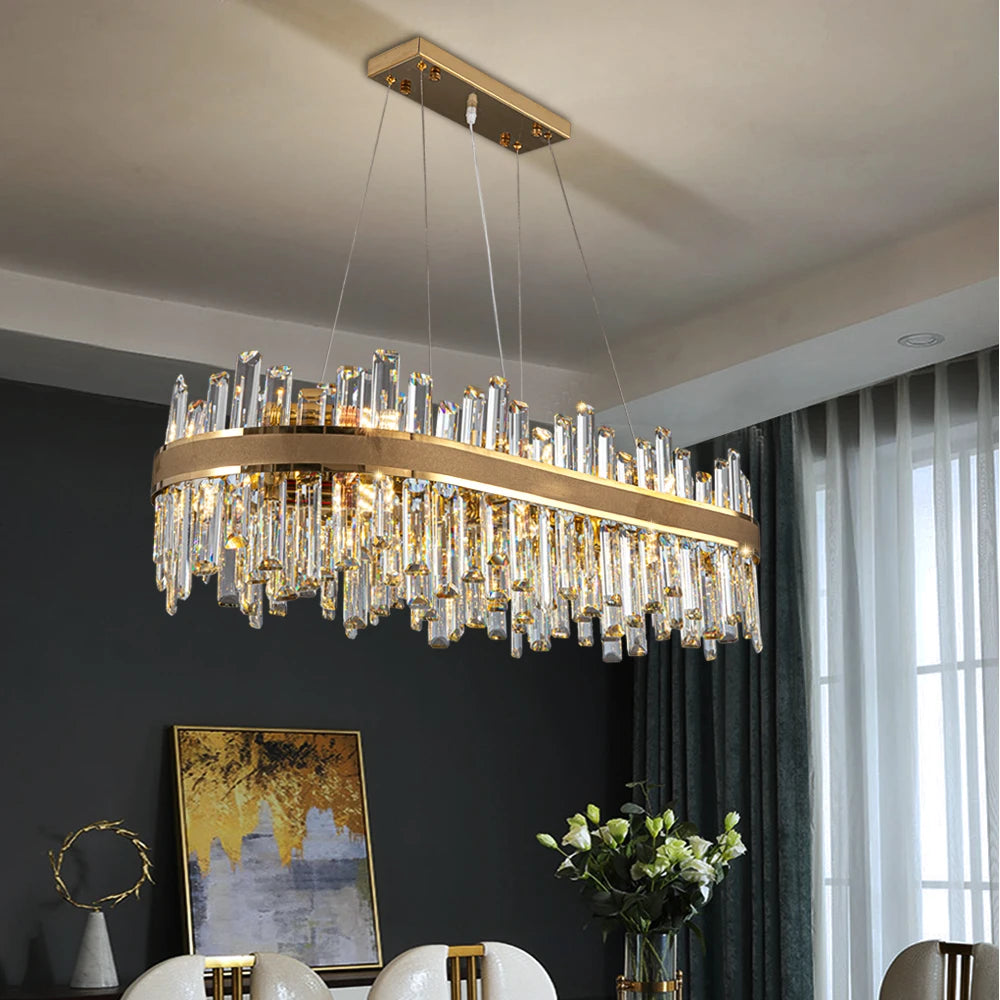 Brighouse Rectangular Chandelier with alternating rounded rectangle diamond-cut crystals in a modern dining room.