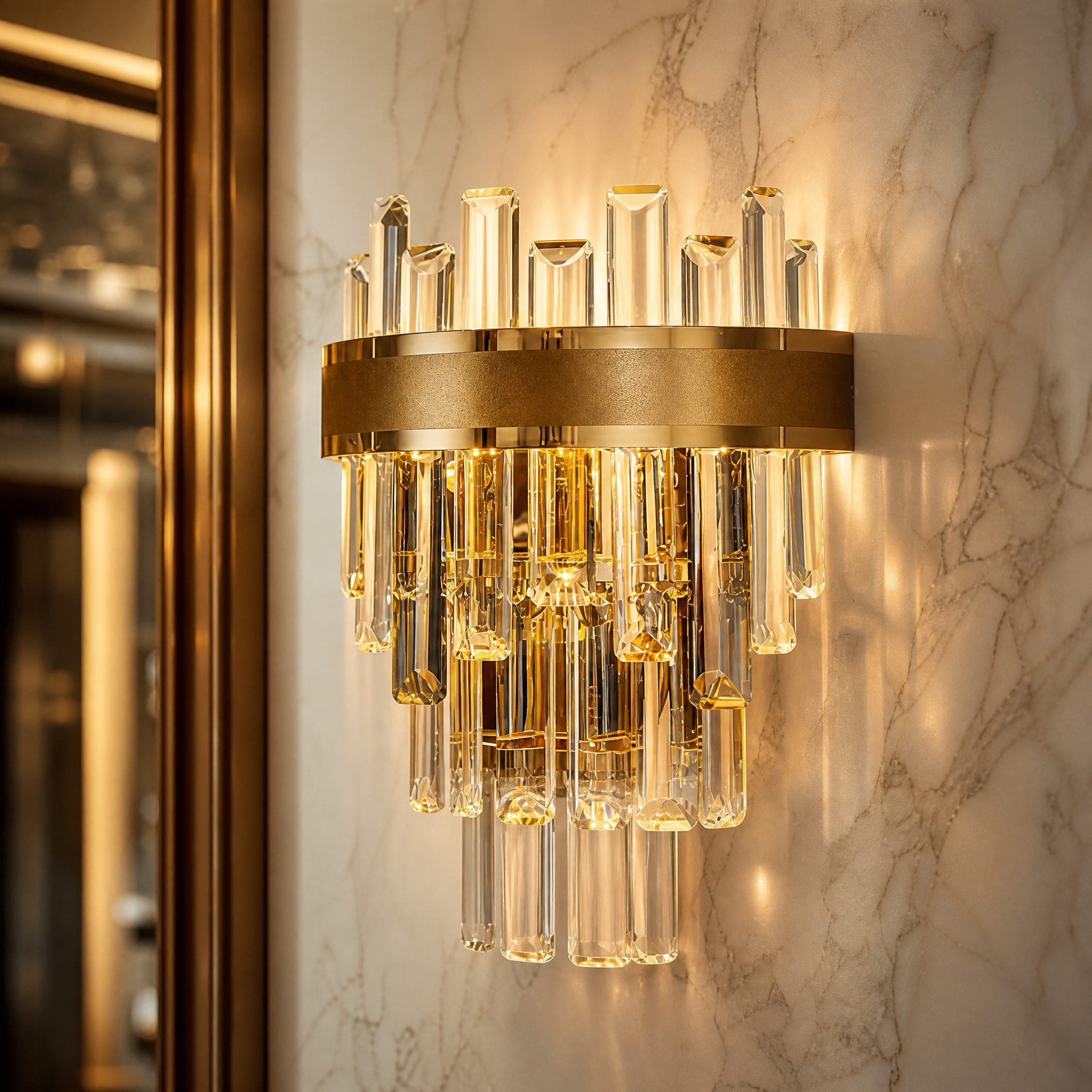 Macro view of the VORELLI Brighouse wall light, showcasing the exquisite craftsmanship of the rounded rectangle crystals.