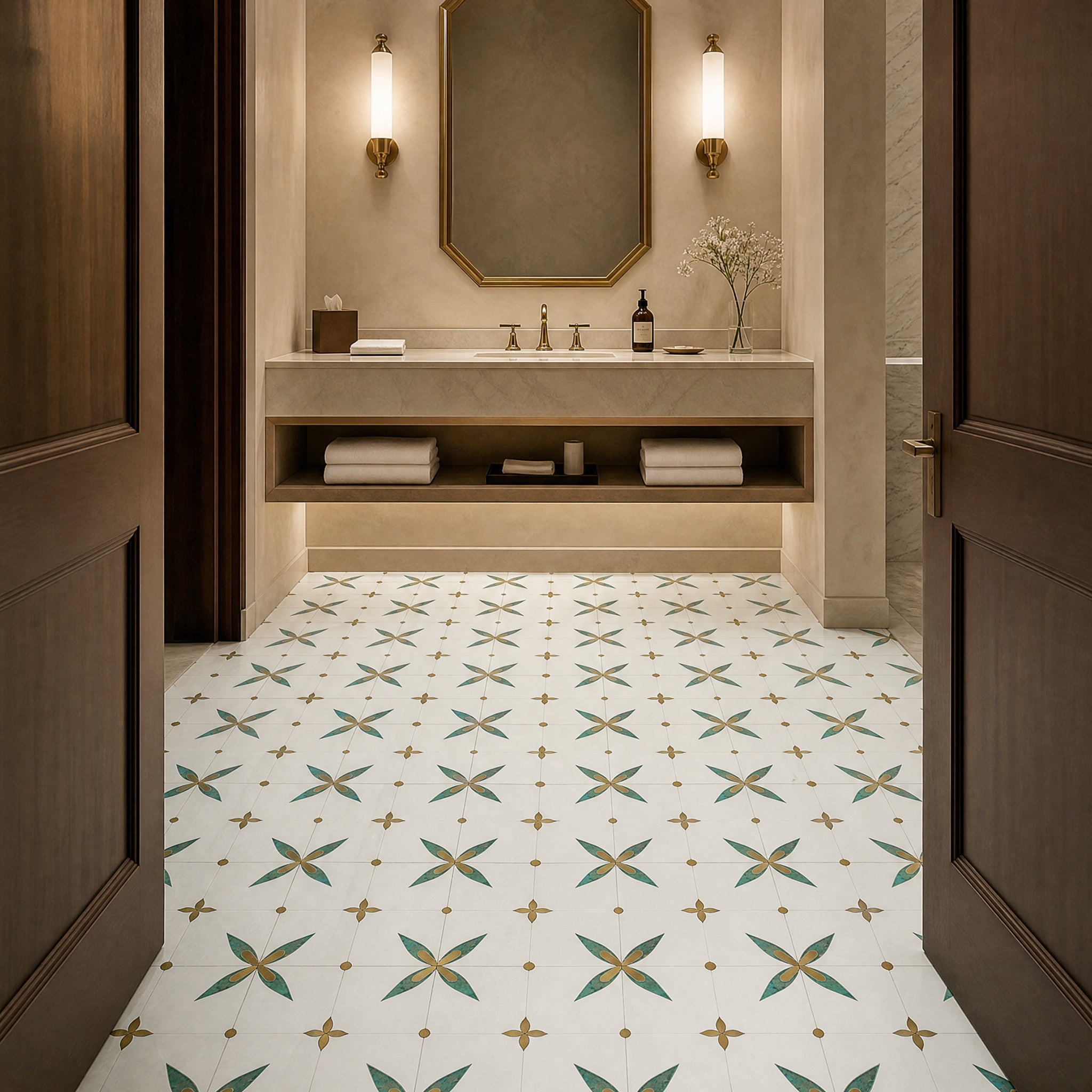 Butterfly Pattern Waterjet Marble Mosaic decorative mosaic floor in a luxury bathroom