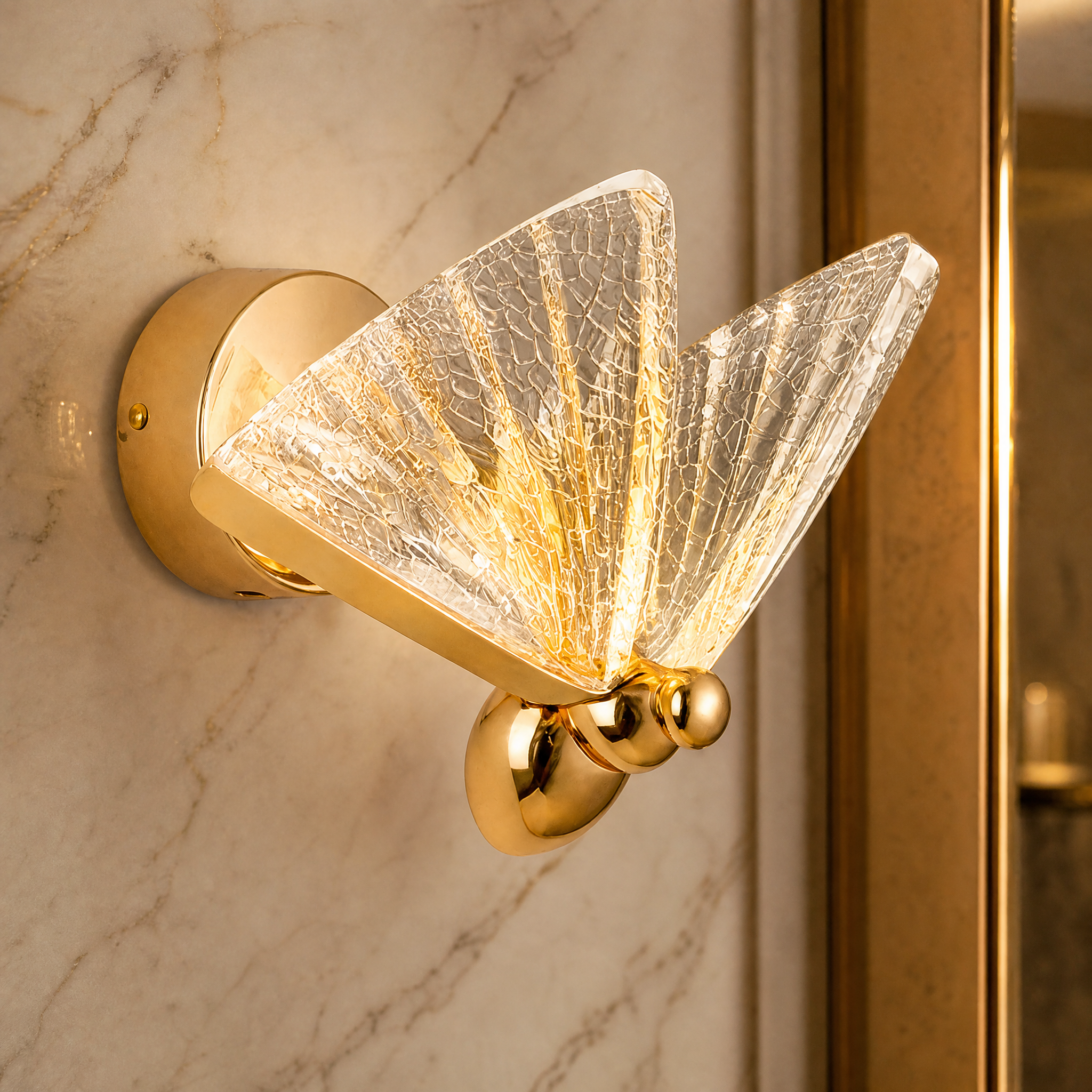 Macro closeup of the VORELLI Butterfly Wall Light, showcasing the intricate artistic details of the wings and premium craftsmanship.