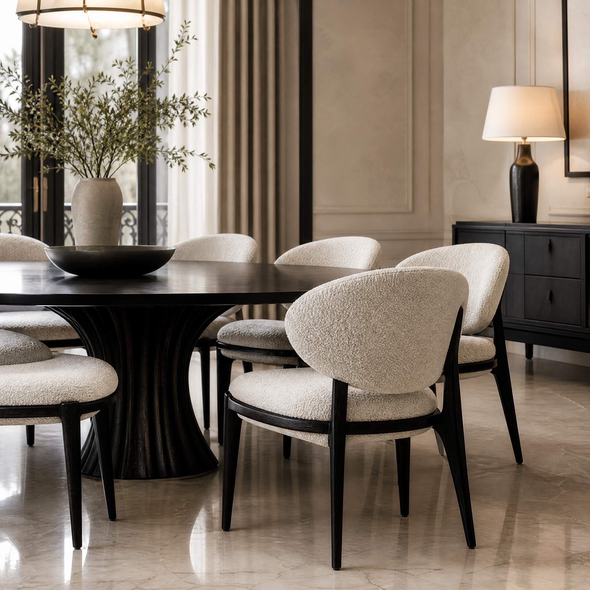 A stylish residential dining room featuring the Cahrevo black frame dining chair with natural boucle upholstery, creating a sophisticated and cozy atmosphere.