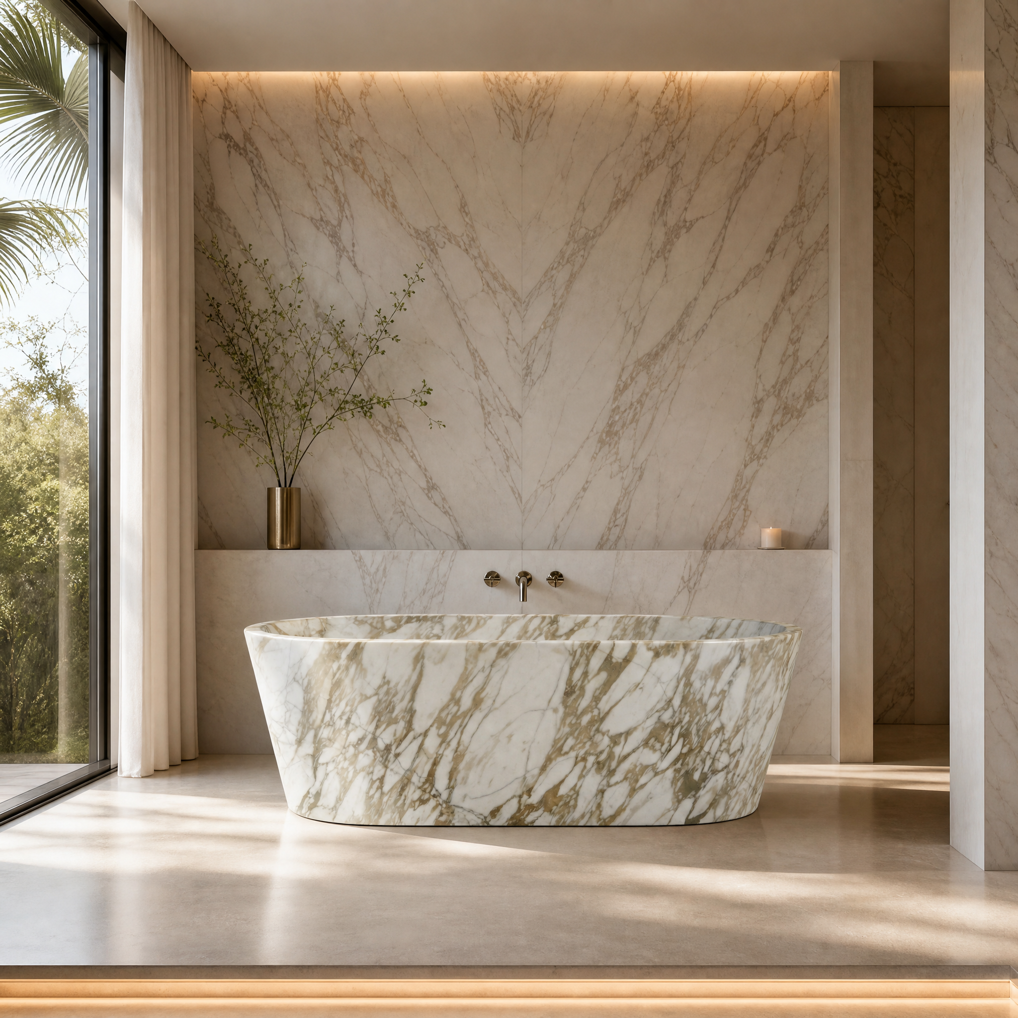 Calacatta Gold Marble Freestanding Bathtub - Tapered private residence lifestyle image by VORELLI