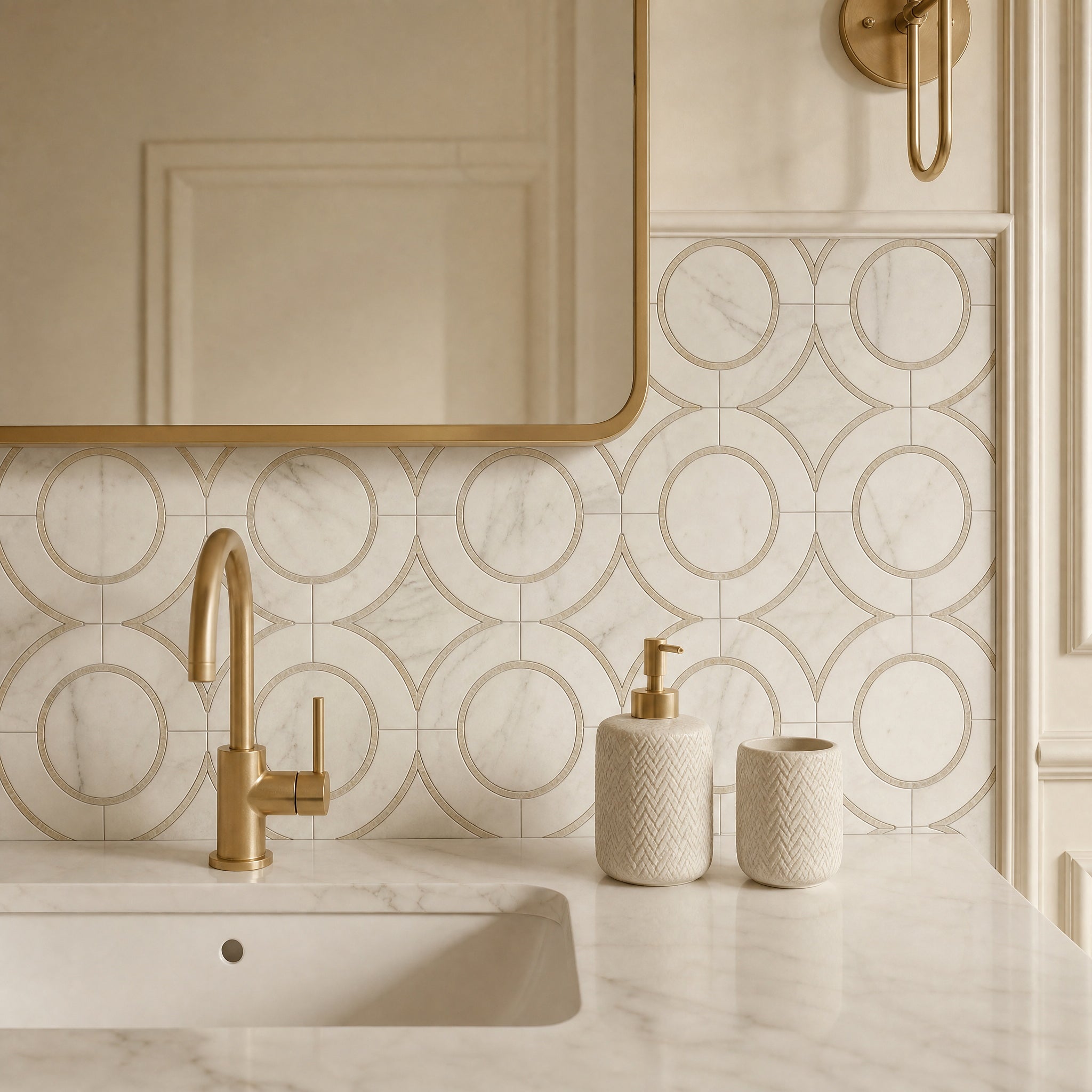 Calacatta Gold Waterjet Marble Mosaic mosaic tile detail in an elegant interior