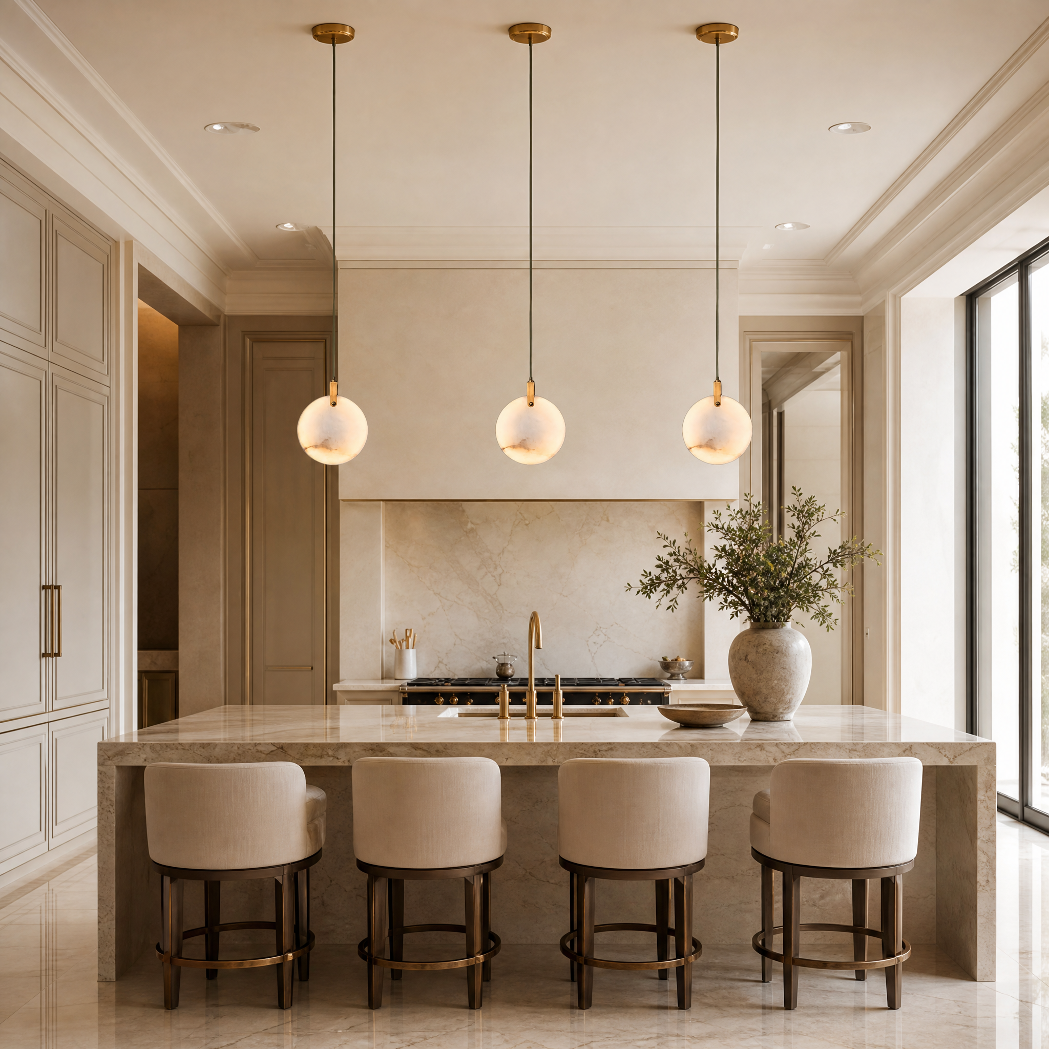 Luxury residential living room featuring the VORELLI Calacatta Marble Pendant light casting a warm glow over contemporary high-end decor.