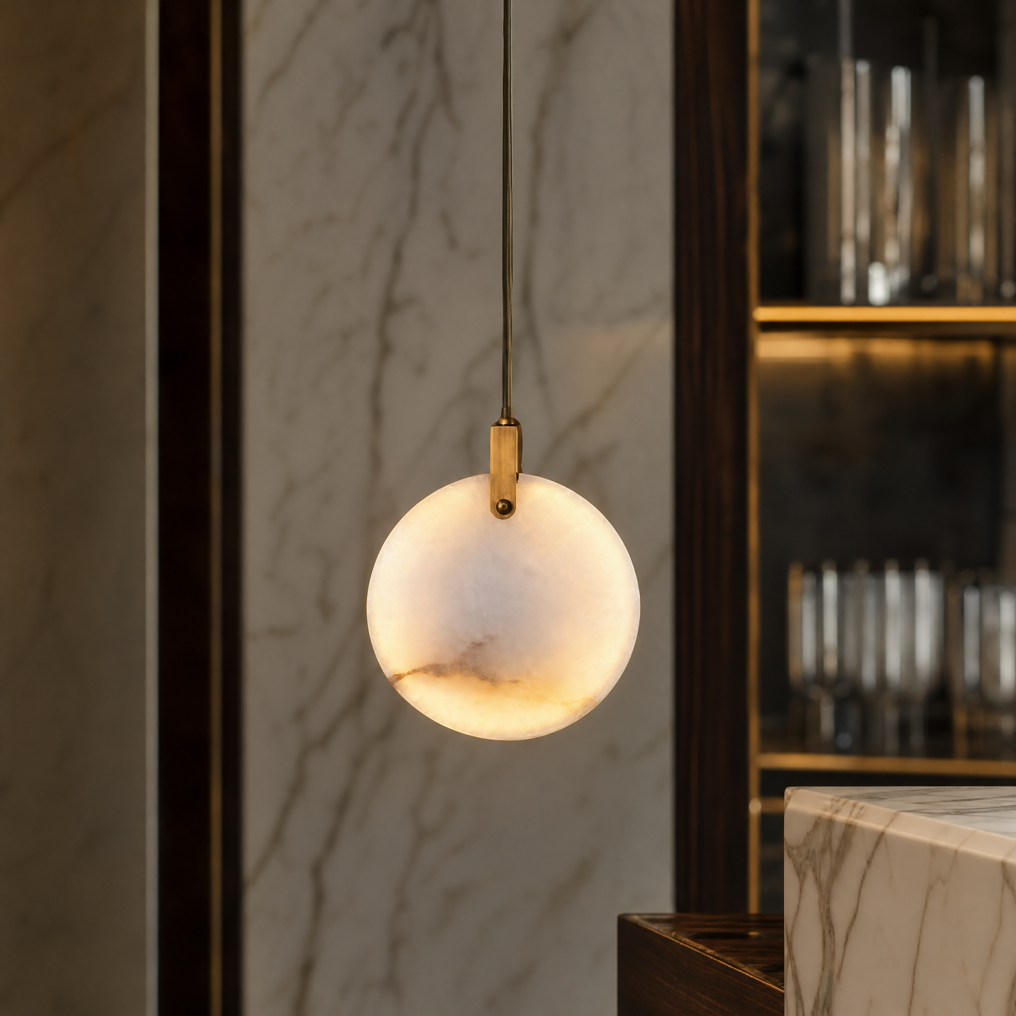 Macro closeup of the VORELLI Calacatta Marble Pendant highlighting the exquisite natural veining and premium craftsmanship of the stone.