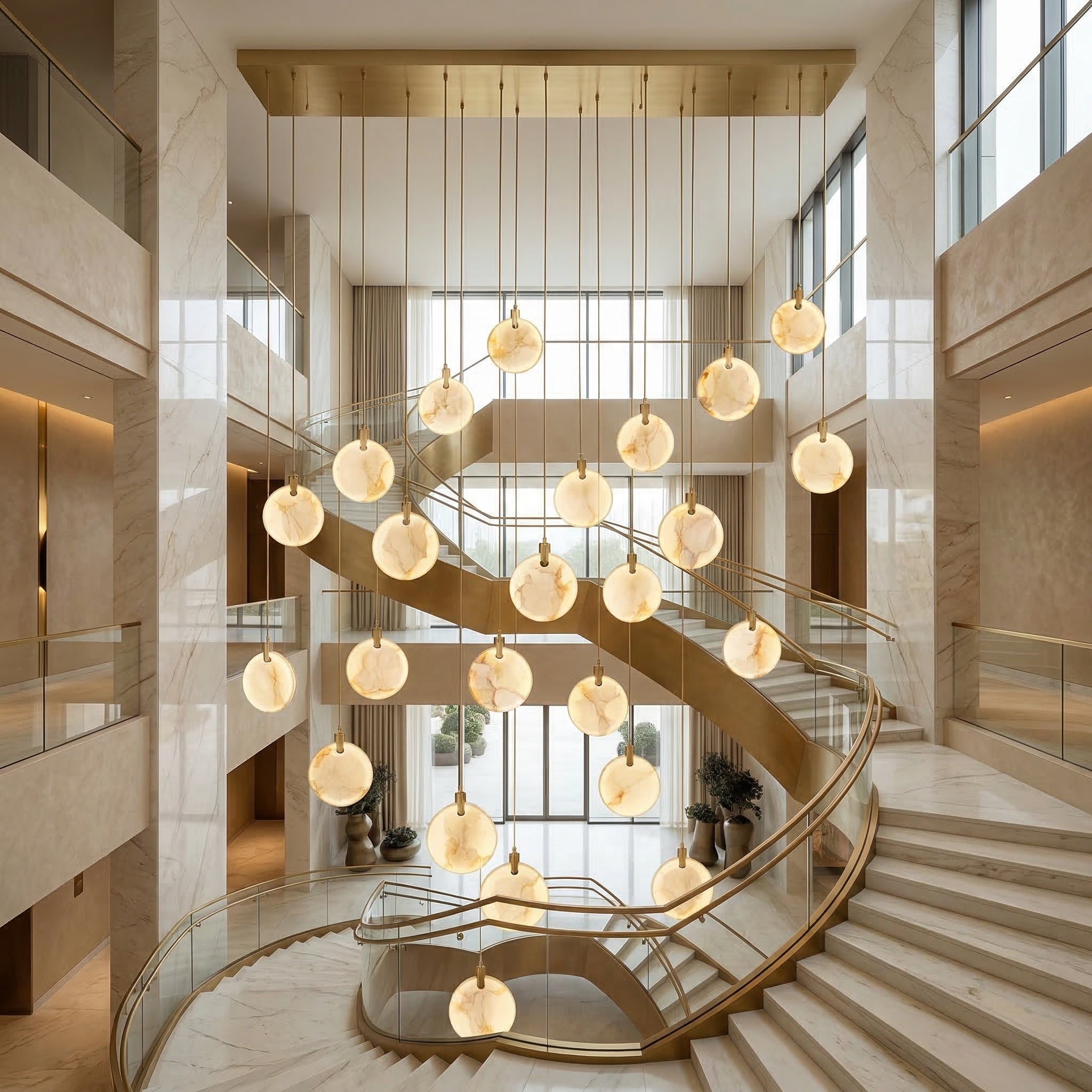 VORELLI® Calacatta marble pendant staircase chandelier in luxury hotel atrium with marble finishes and warm ambient lighting