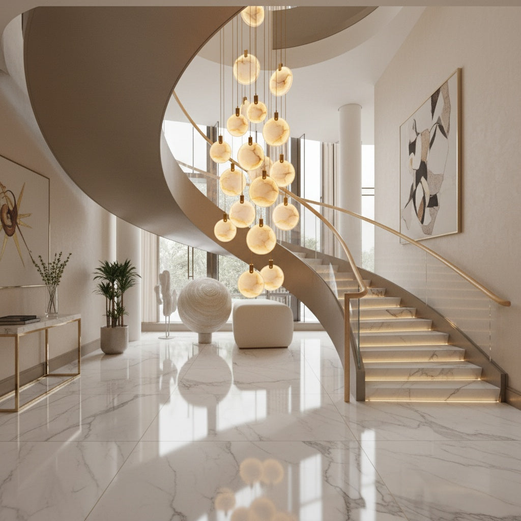 VORELLI® Calacatta marble pendant staircase chandelier in luxury UK cream interior with brushed brass accents and glowing stone discs