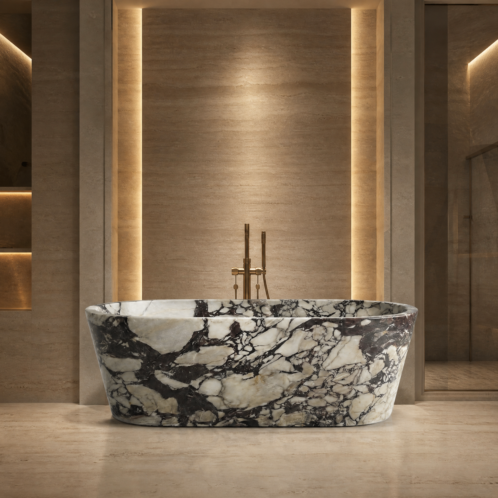 Calacatta Viola Extra Marble Freestanding Bathtub - Tapered palace hotel spa lifestyle image by VORELLI