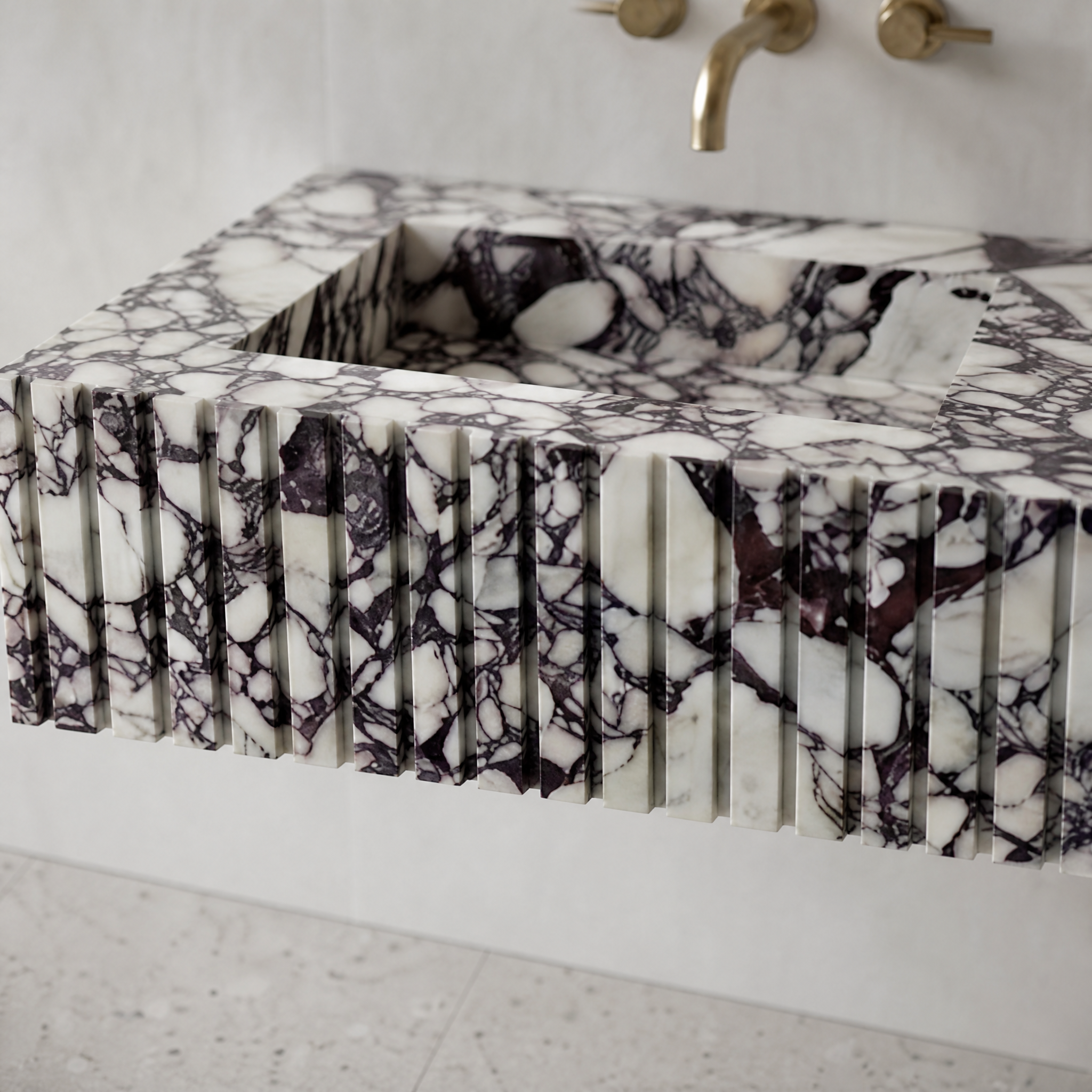 Calacatta Viola Marble Double Sink - Fluted stone craftsmanship detail image by VORELLI