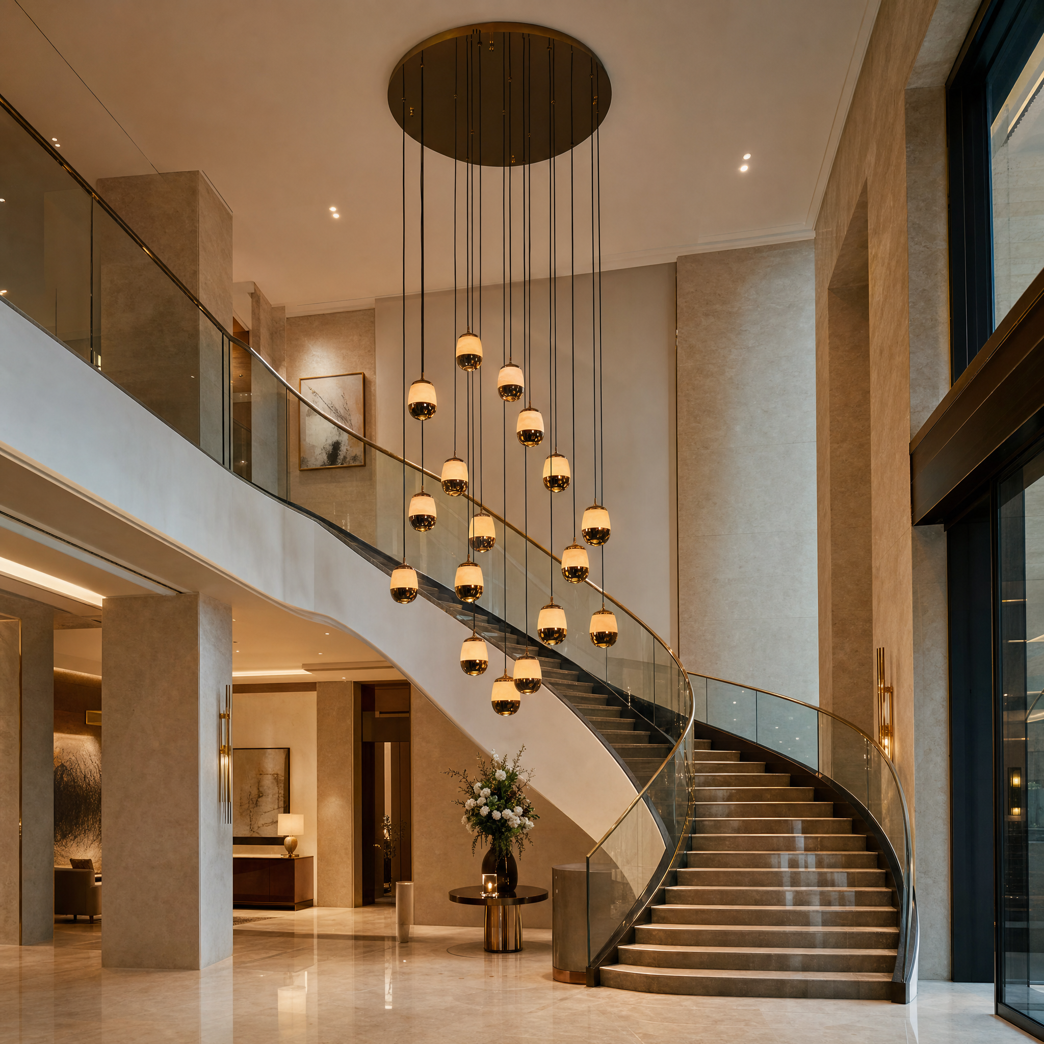 An elegant hospitality setting featuring the Caldera Marble Pendant Staircase Chandelier, illuminating a high-end hotel lobby with radiant, volcanic-inspired luxury lighting.