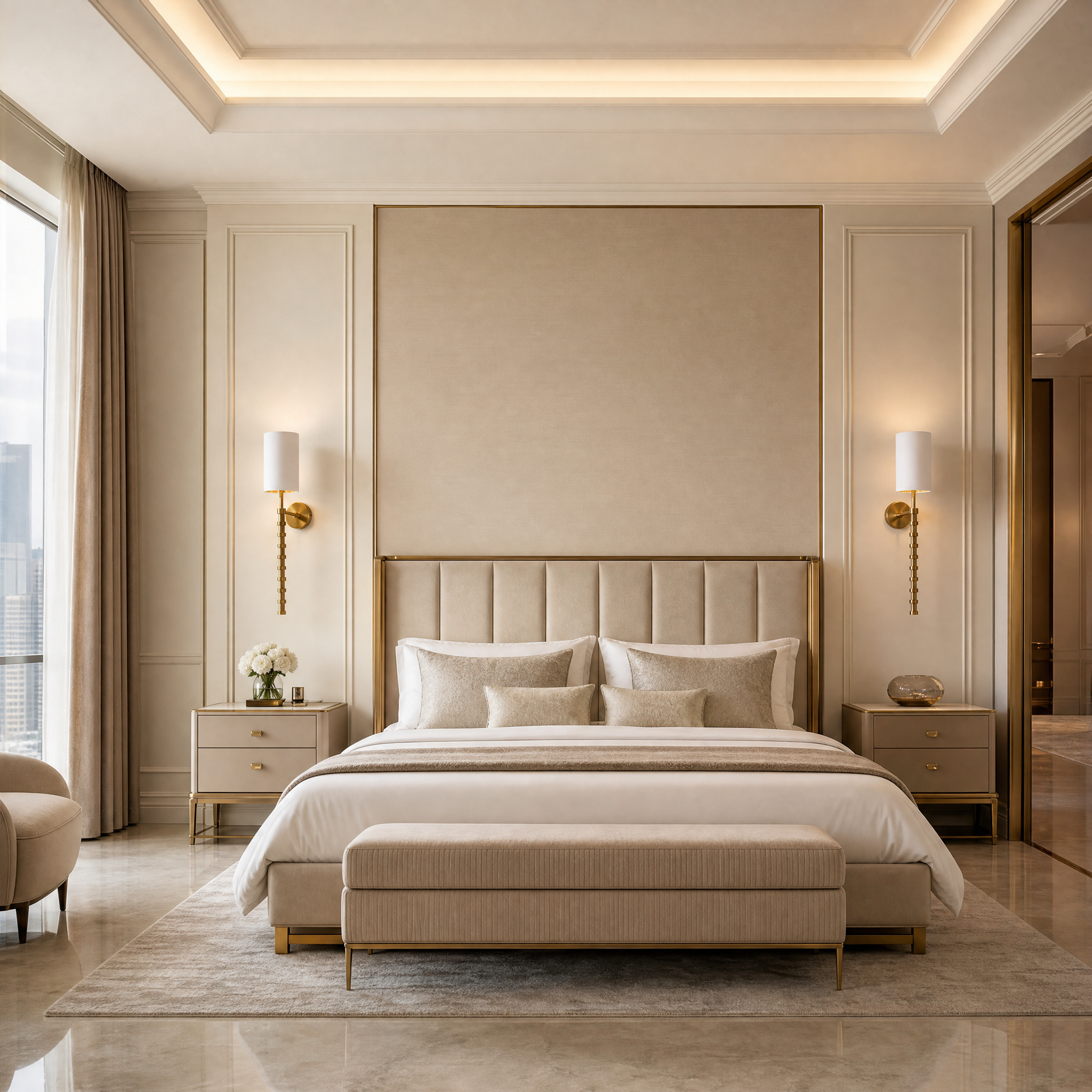A VORELLI Calvane antique brass wall light mounted in a luxury residential bedroom, casting a soft golden glow through its refined fabric shade to create a warm, elegant ambiance.