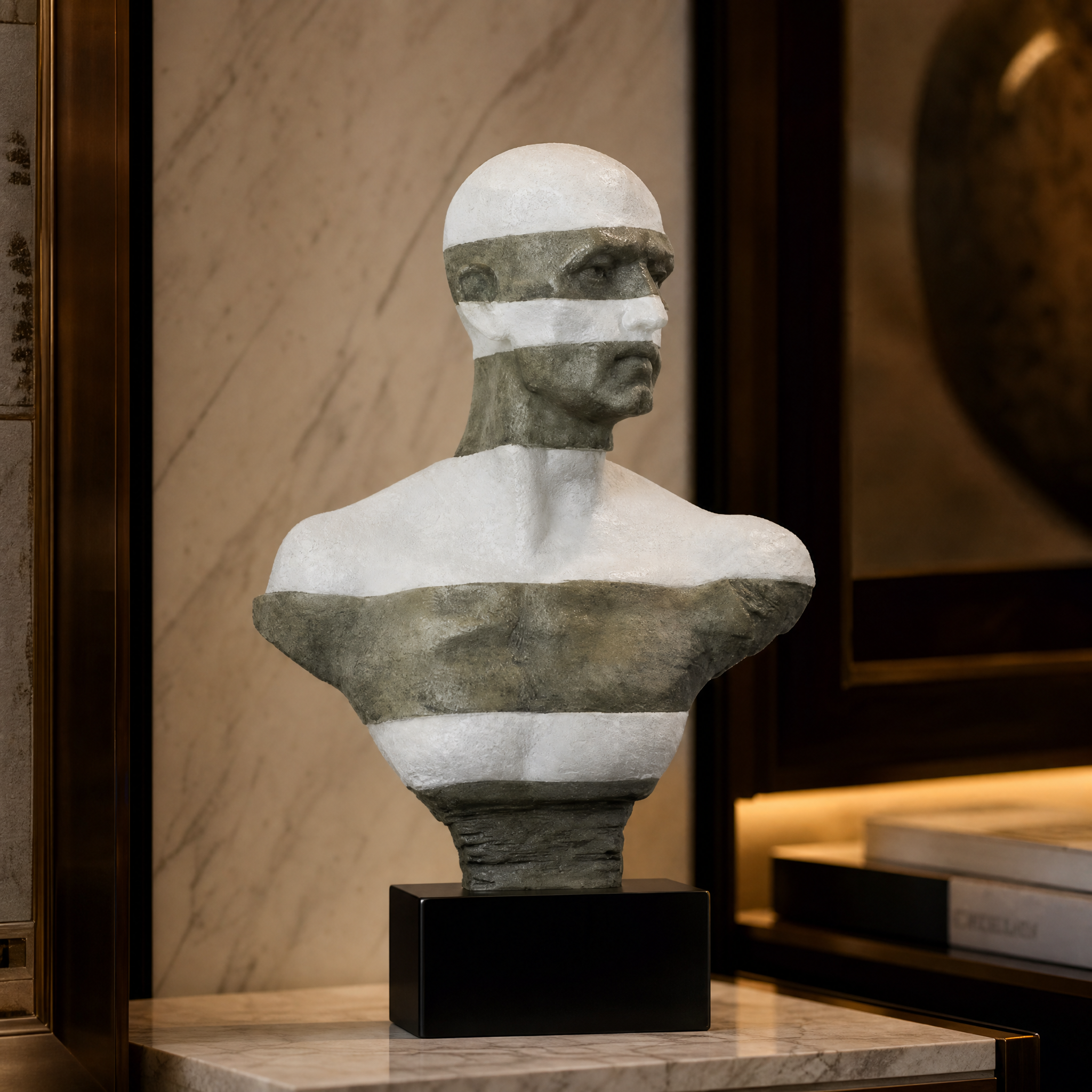 Macro closeup showing the detailed texture and modern inversed striped finish of the VORELLI Calvaro Bust Decor.