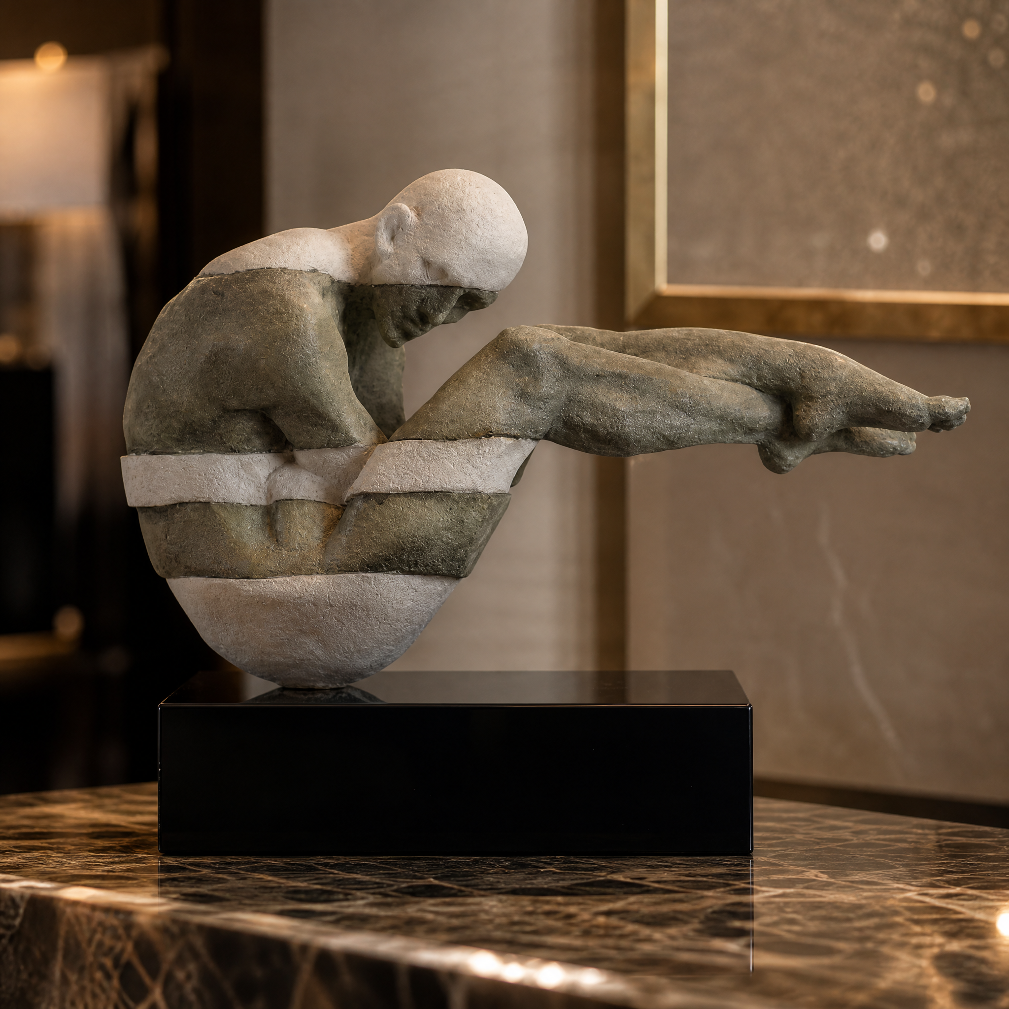 Detailed close-up showing the intricate textures, abstract forms, and precise craftsmanship of the VORELLI Calvaro sculpture decor.