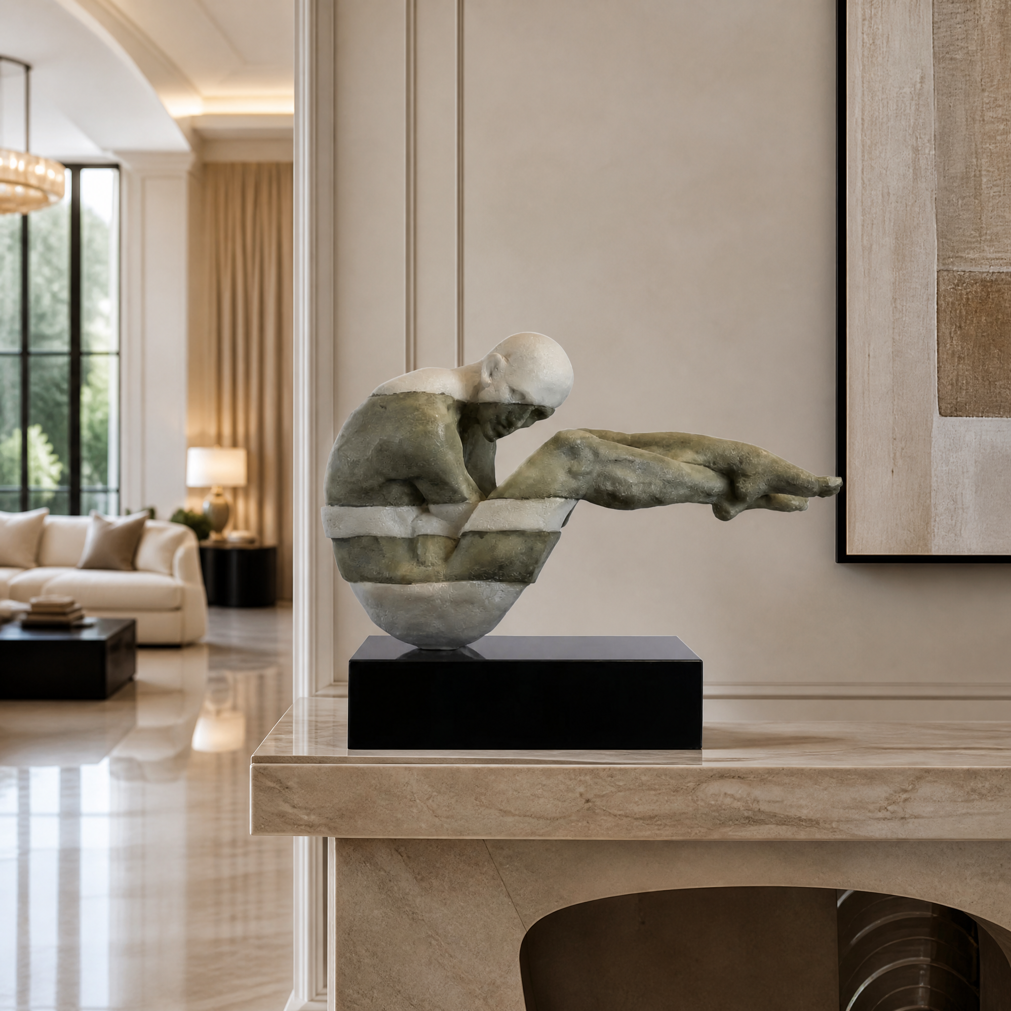 VORELLI Calvaro abstract sculpture decor styled on a contemporary living room console table in a luxury residential home.