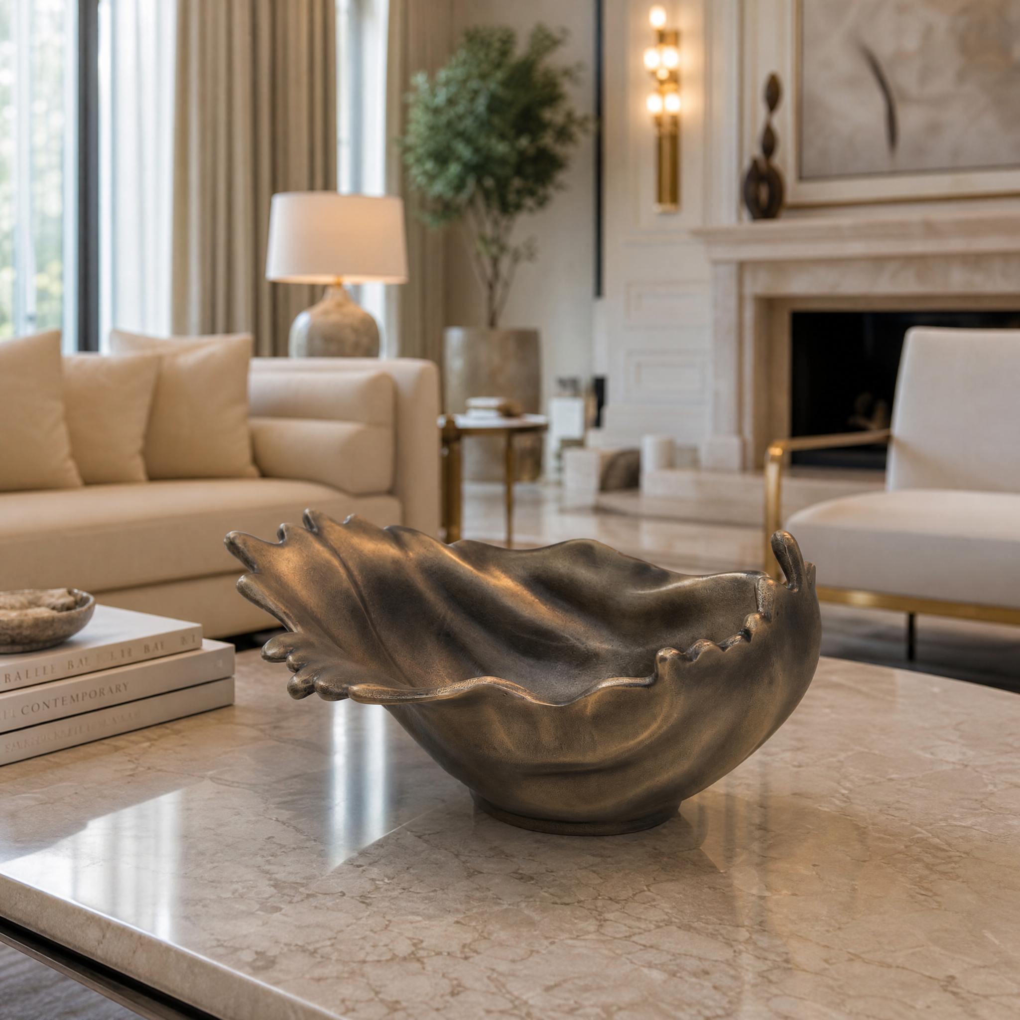 VORELLI Calvino luxury antique gold decorative bowl styled elegantly on a modern residential coffee table.