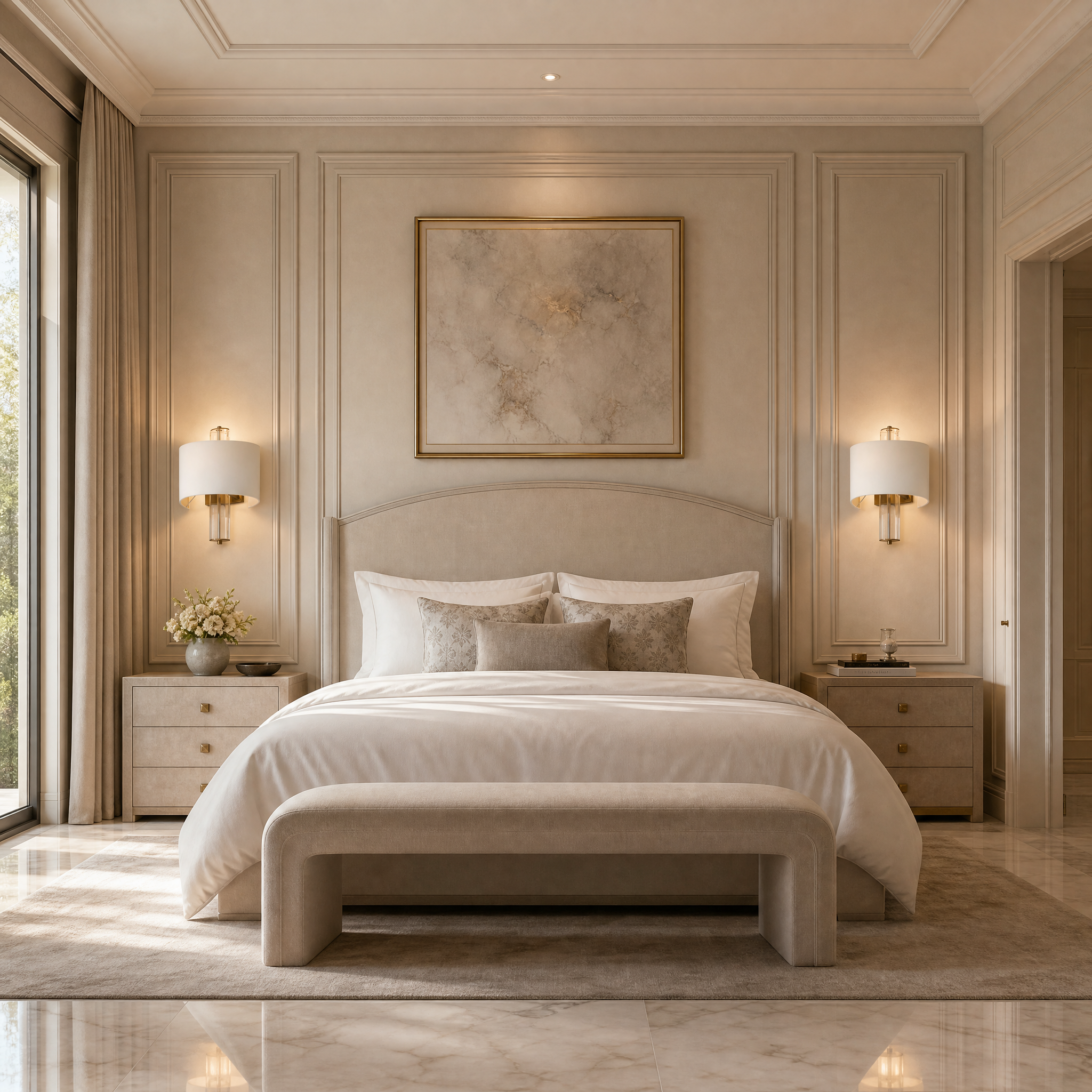 VORELLI Calviro brass wall light with opal fabric shade illuminating a luxury residential living room