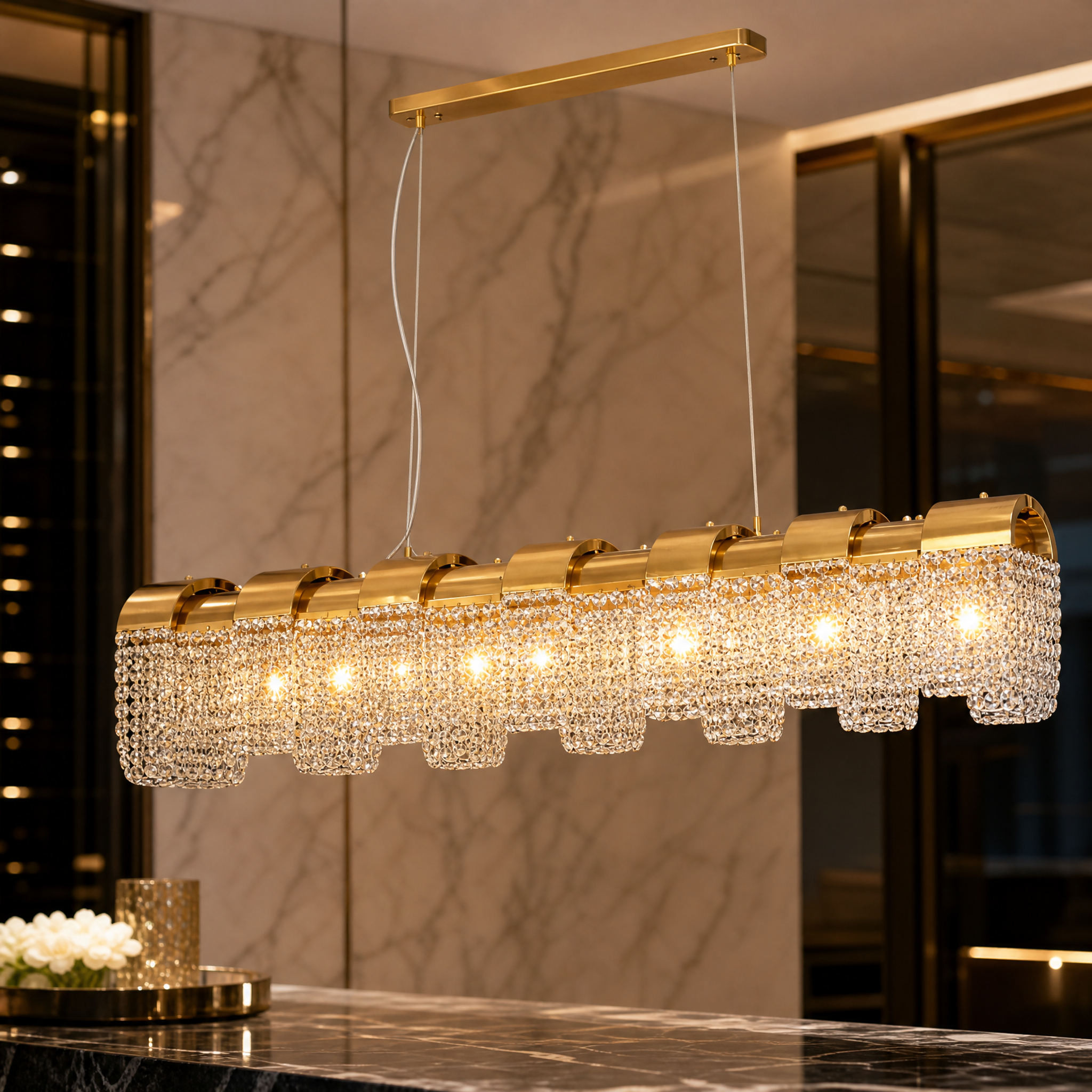 Macro shot of the VORELLI Capri Rectangular Chandelier showing the exquisite detailing of the premium diamond cut square crystals.