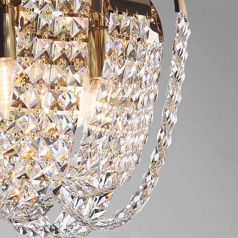 Close-up of the Capri chandelier’s diamond-cut square crystals, highlighting their decorative clarity and brilliance.