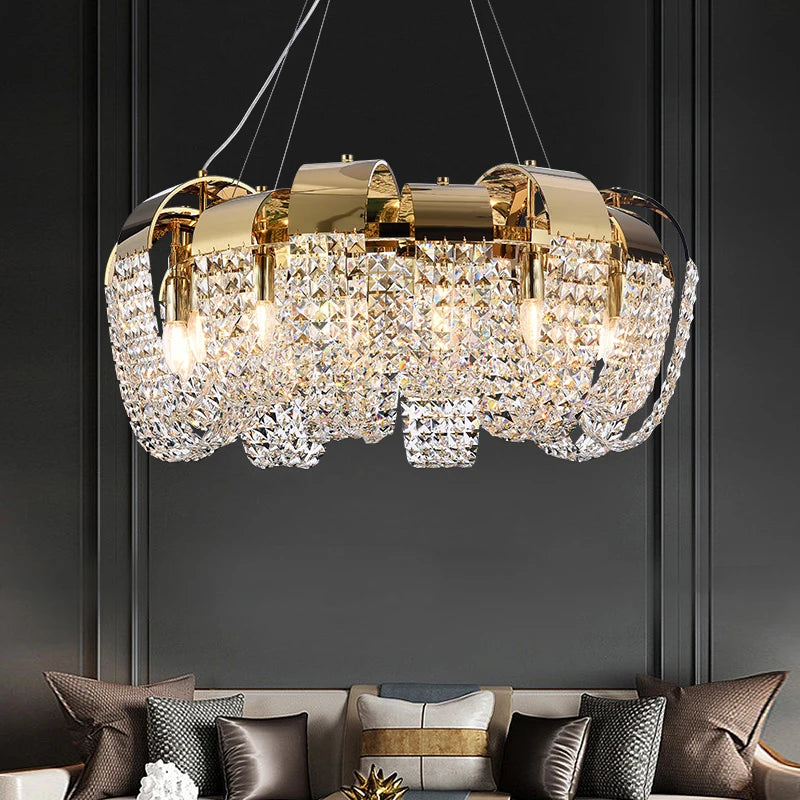Suspended view of the Capri Circular Chandelier emphasising its opulent crystal design and circular silhouette.