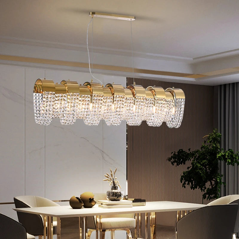 Side view of the Capri Rectangular Chandelier highlighting its refined crystal detailing and contemporary silhouette