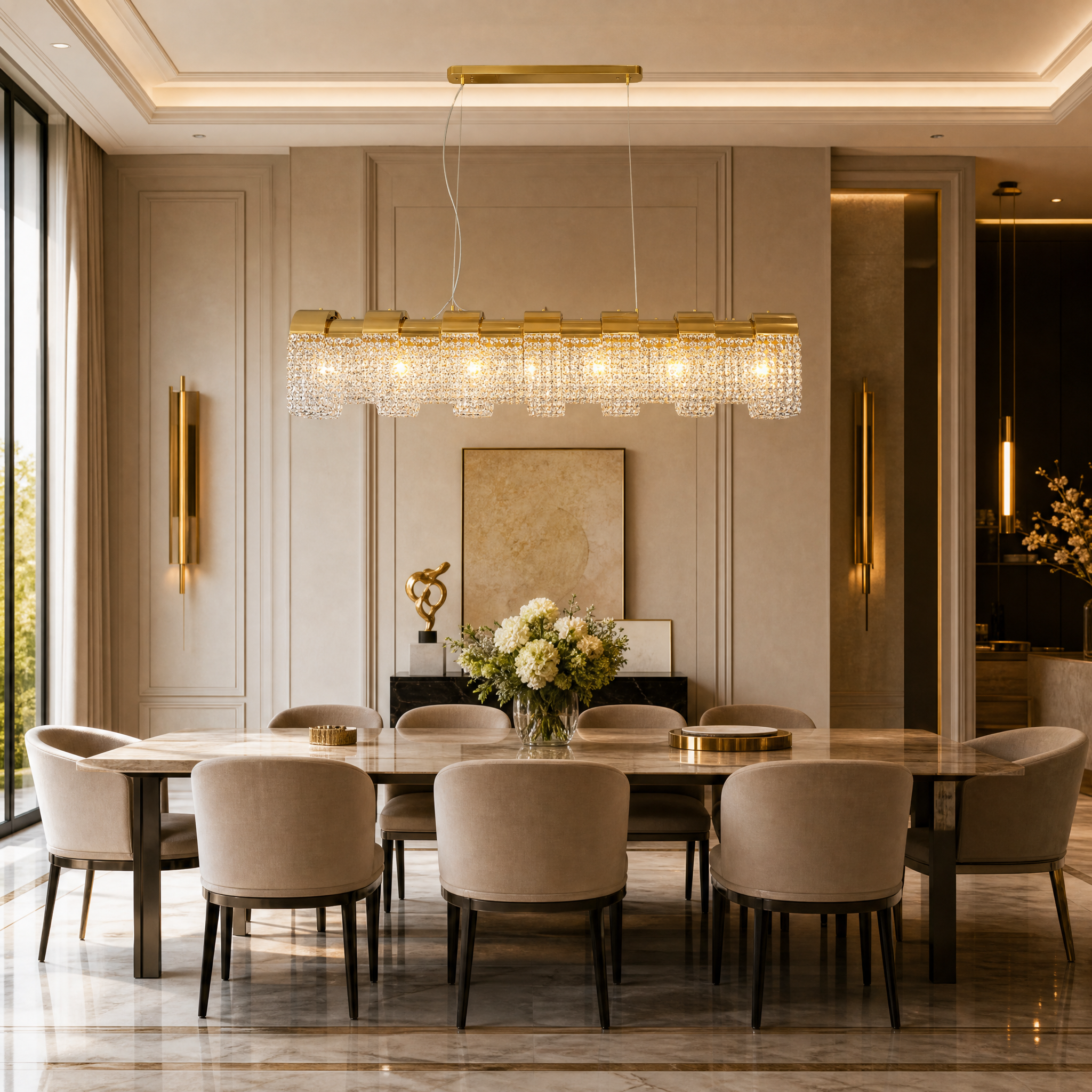 VORELLI Capri Rectangular Chandelier with diamond cut crystals installed above a luxury dining table in a high-end residential interior.