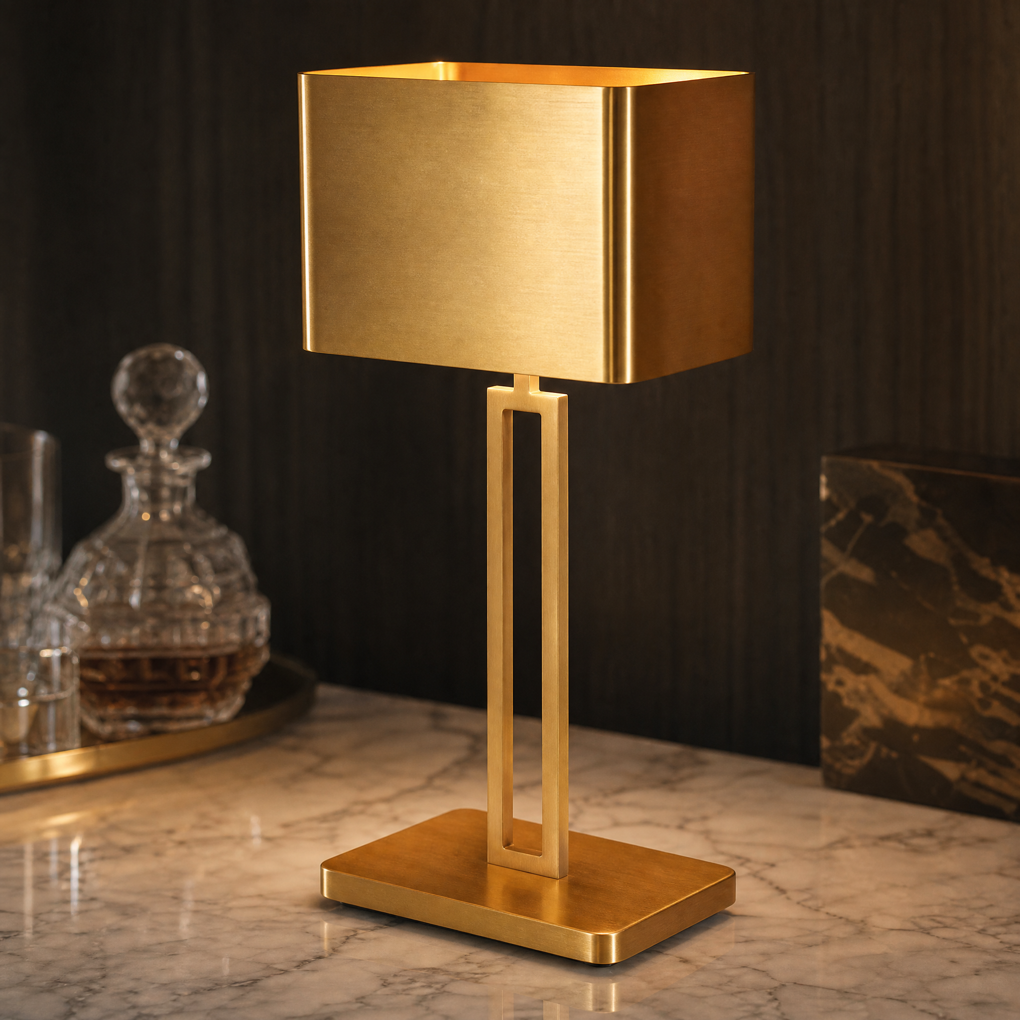 Close-up shot of the VORELLI Carenzo table lamp, highlighting the refined brass finish on its dual-column base and clean rectangular shade.