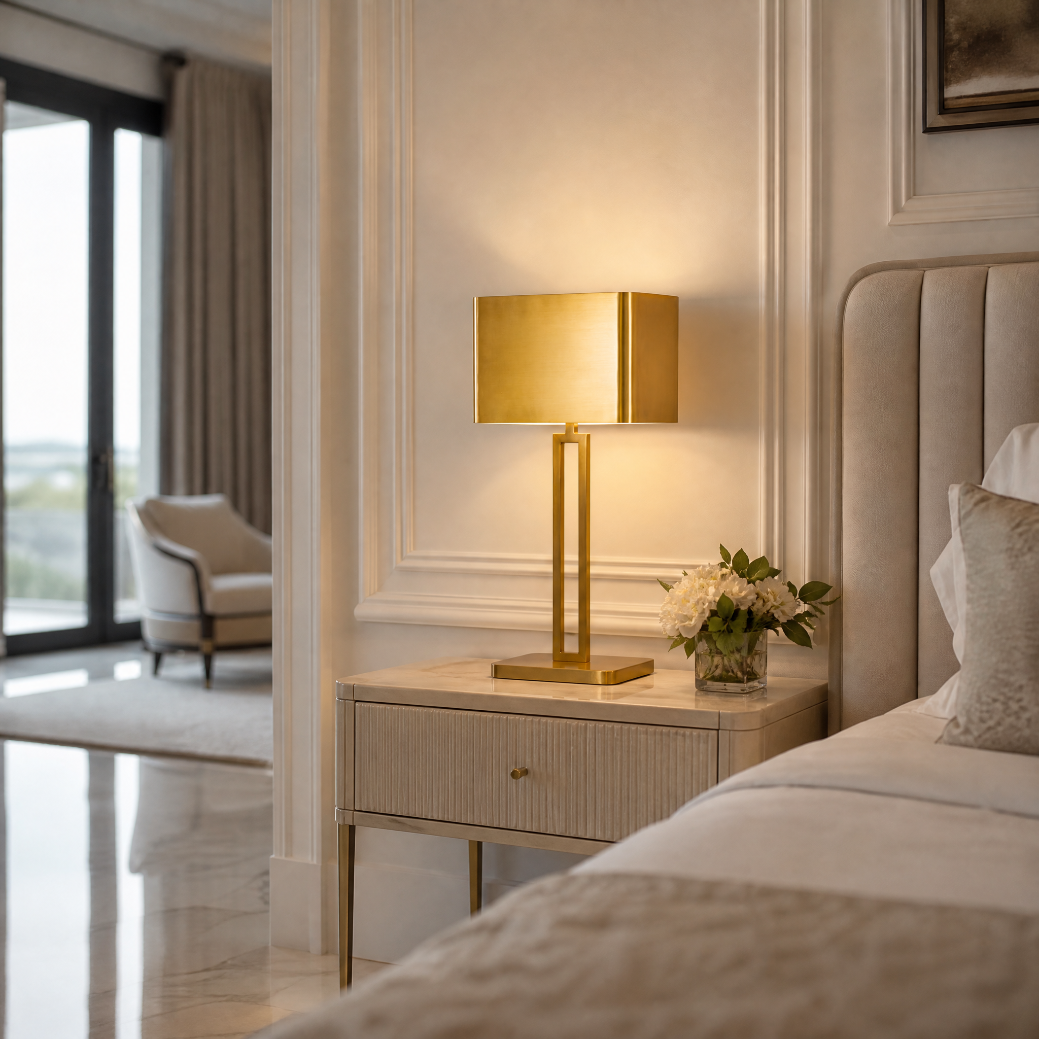 VORELLI Carenzo brass table lamp casting a warm ambient glow on a luxury living room console table.