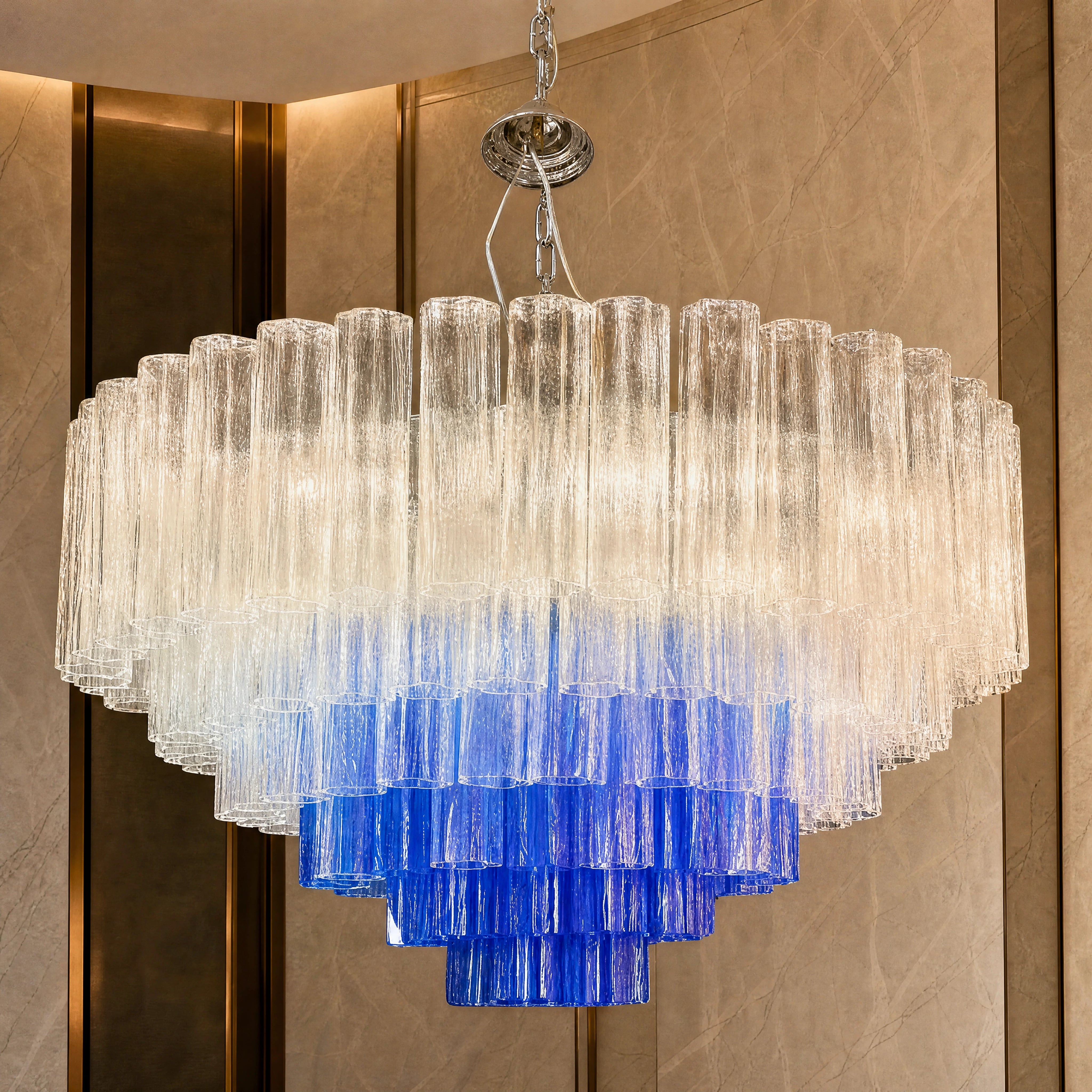 Carina Tronchi Murano Glass Staircase Chandelier close-up luxury lifestyle hero image by VORELLI