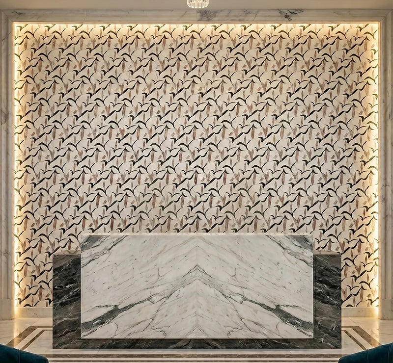 Carrara Verde Guatemala Waterjet Marble Mosaic luxury white, green waterjet marble mosaic for premium UK interiors