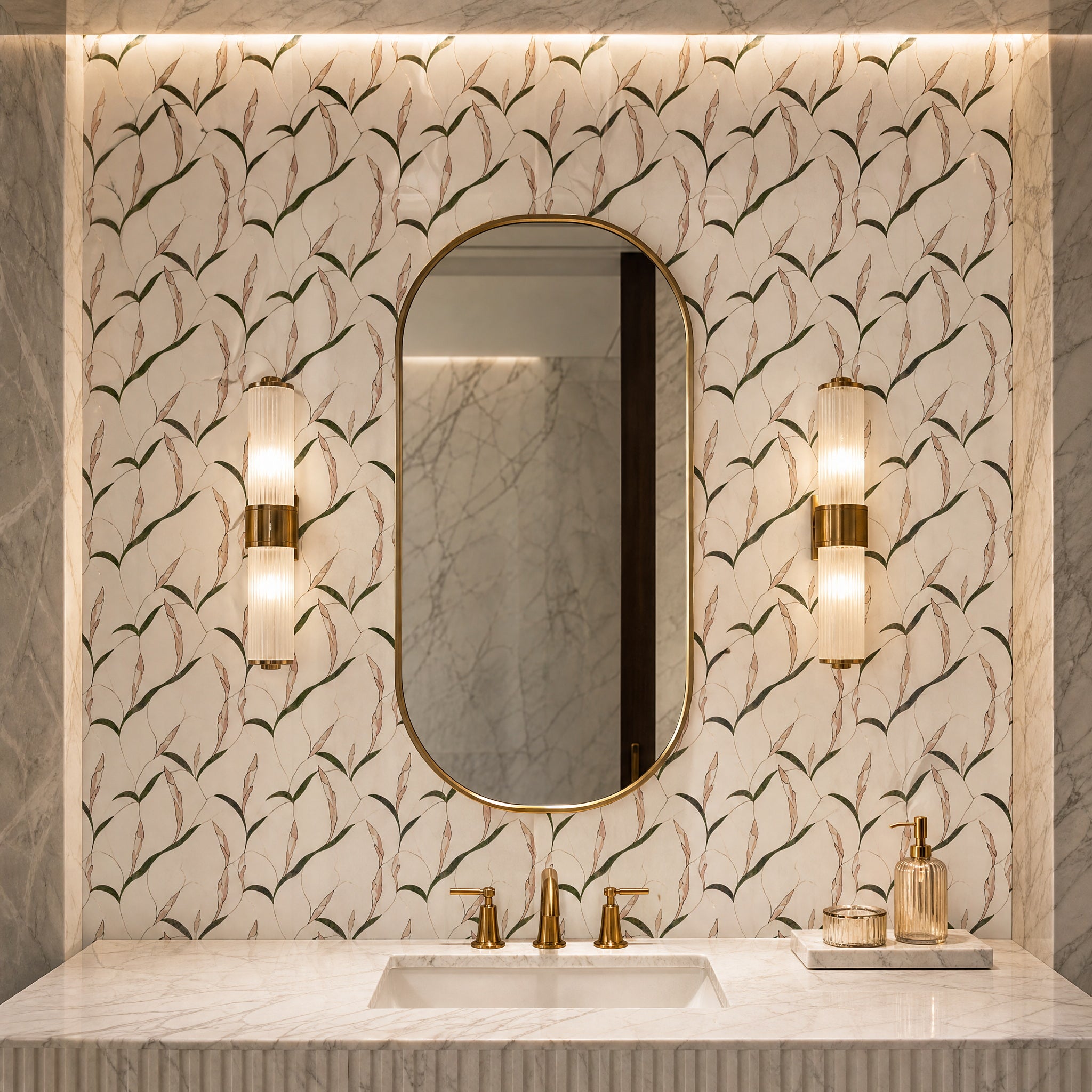 Carrara Verde Guatemala Waterjet Marble Mosaic luxury mosaic feature wall in a refined interior