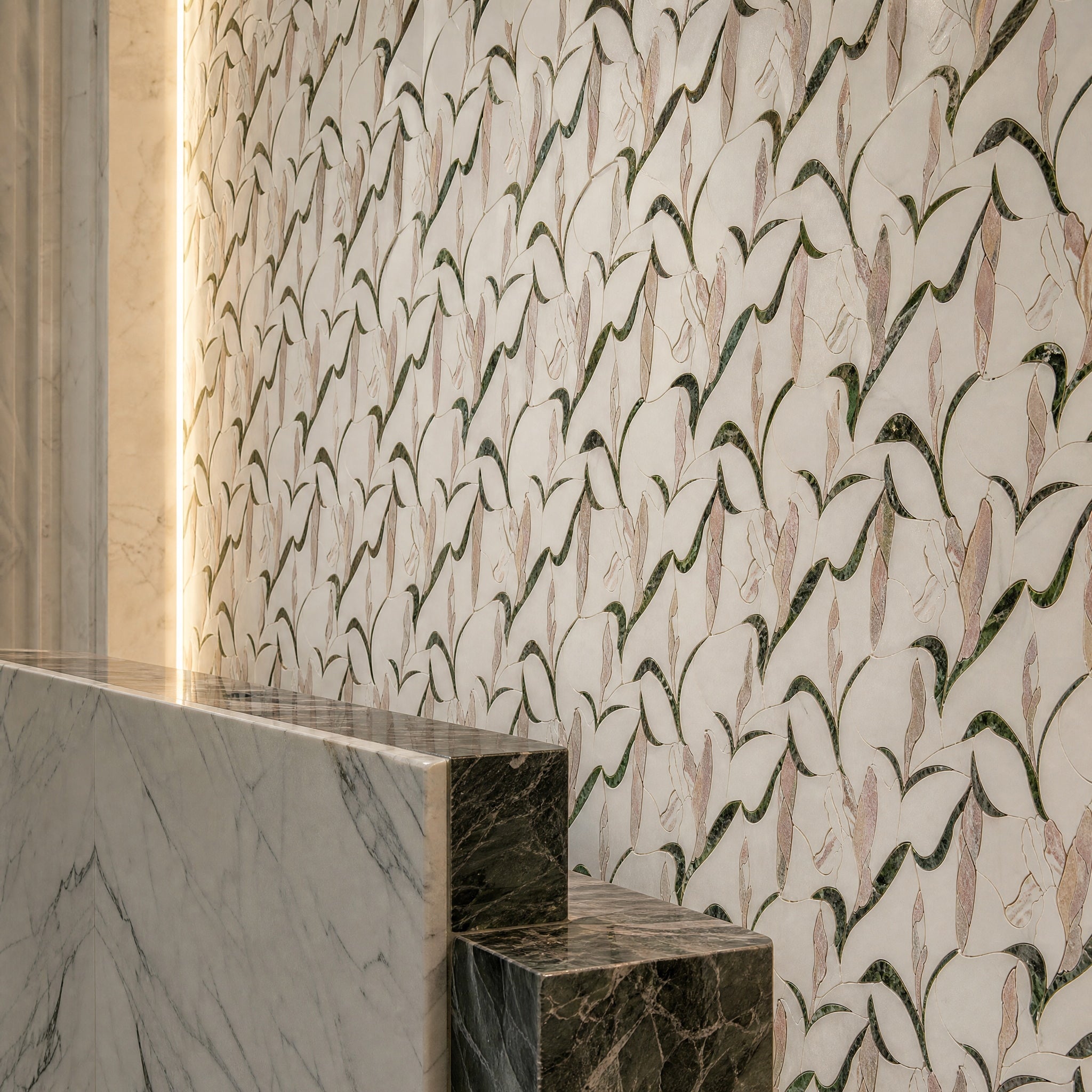Carrara Verde Guatemala Waterjet Marble Mosaic mosaic tile detail in an elegant interior